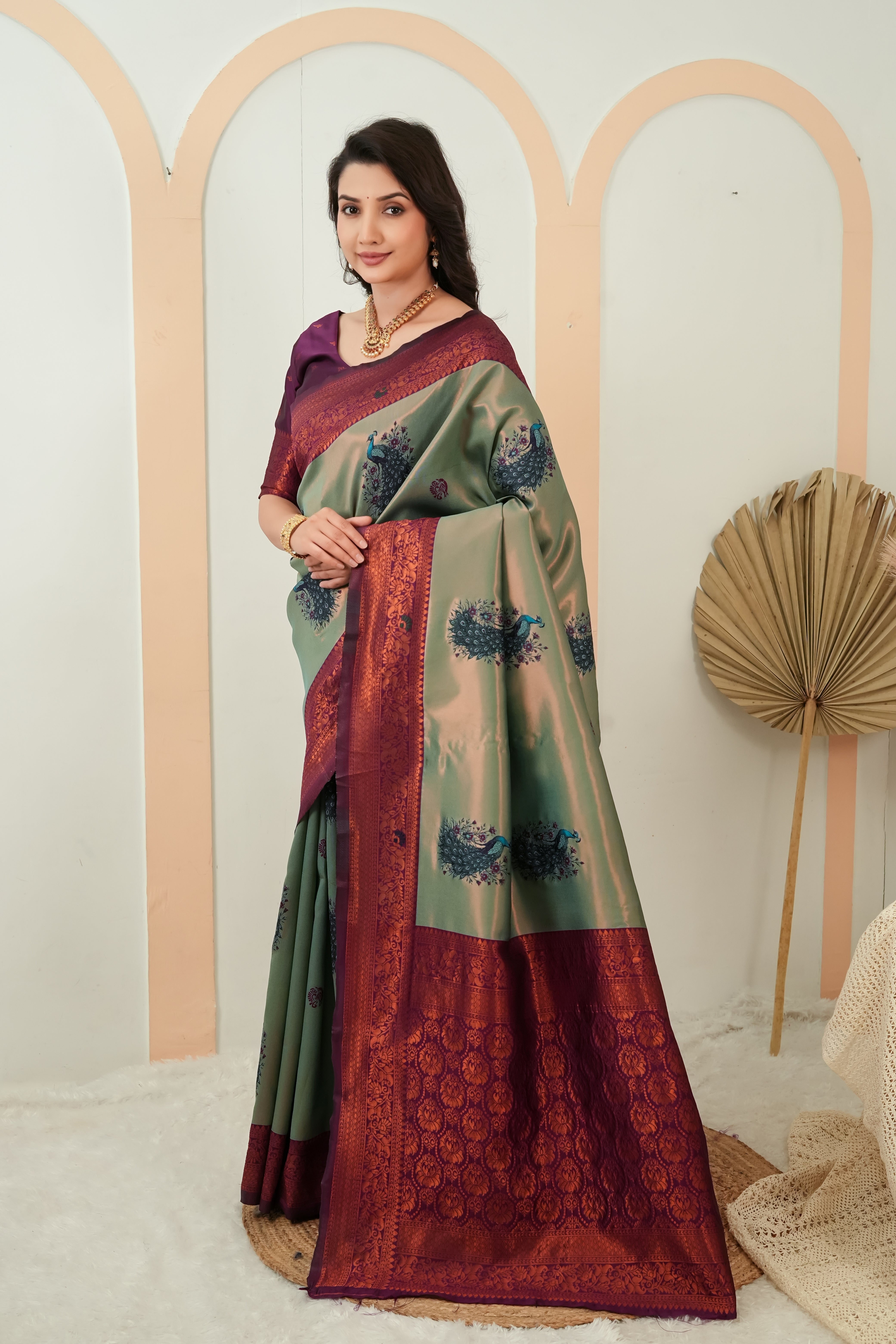 Sage Green & Wine Plum Peacock Motif Jacquard Silk Saree