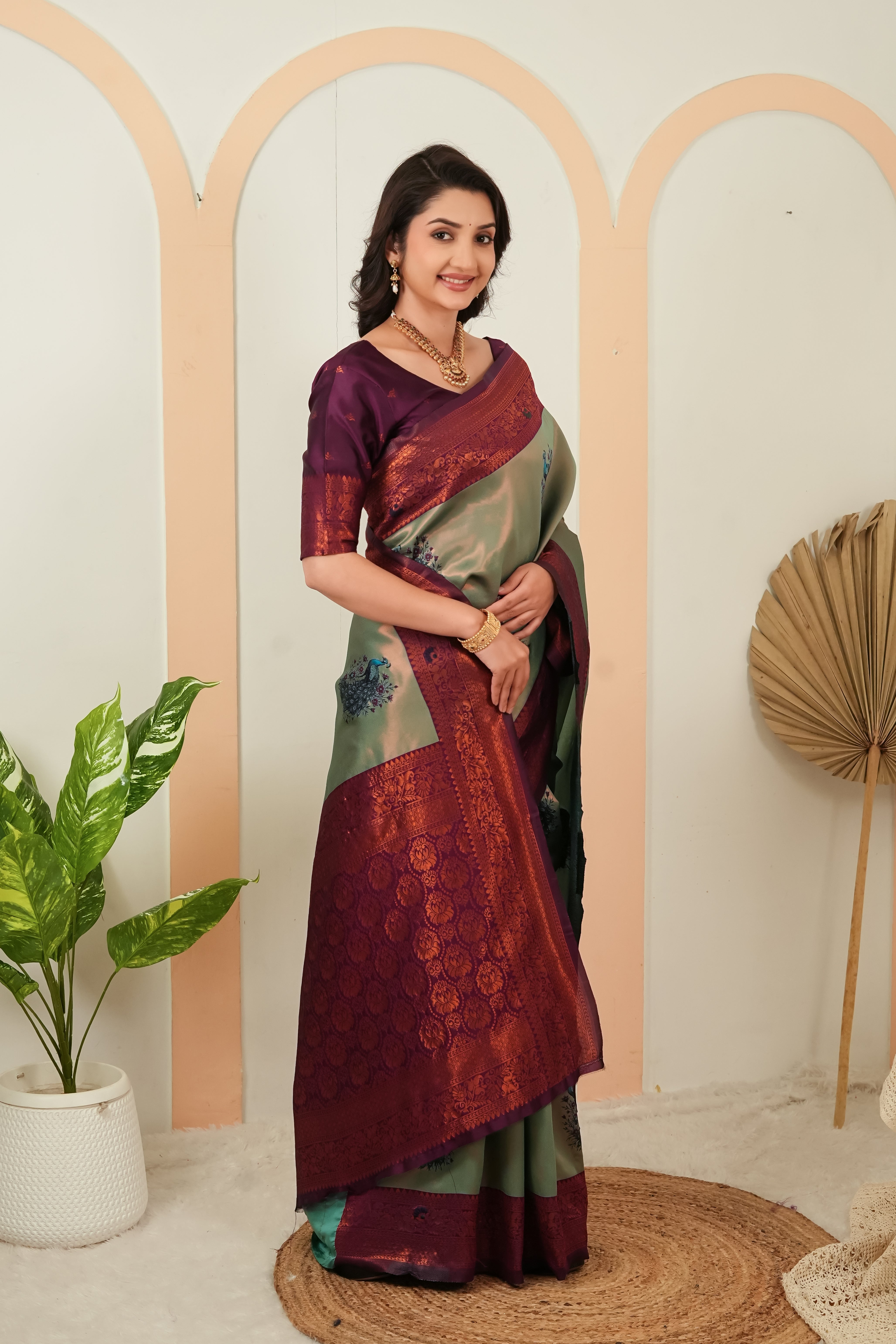 Sage Green & Wine Plum Peacock Motif Jacquard Silk Saree