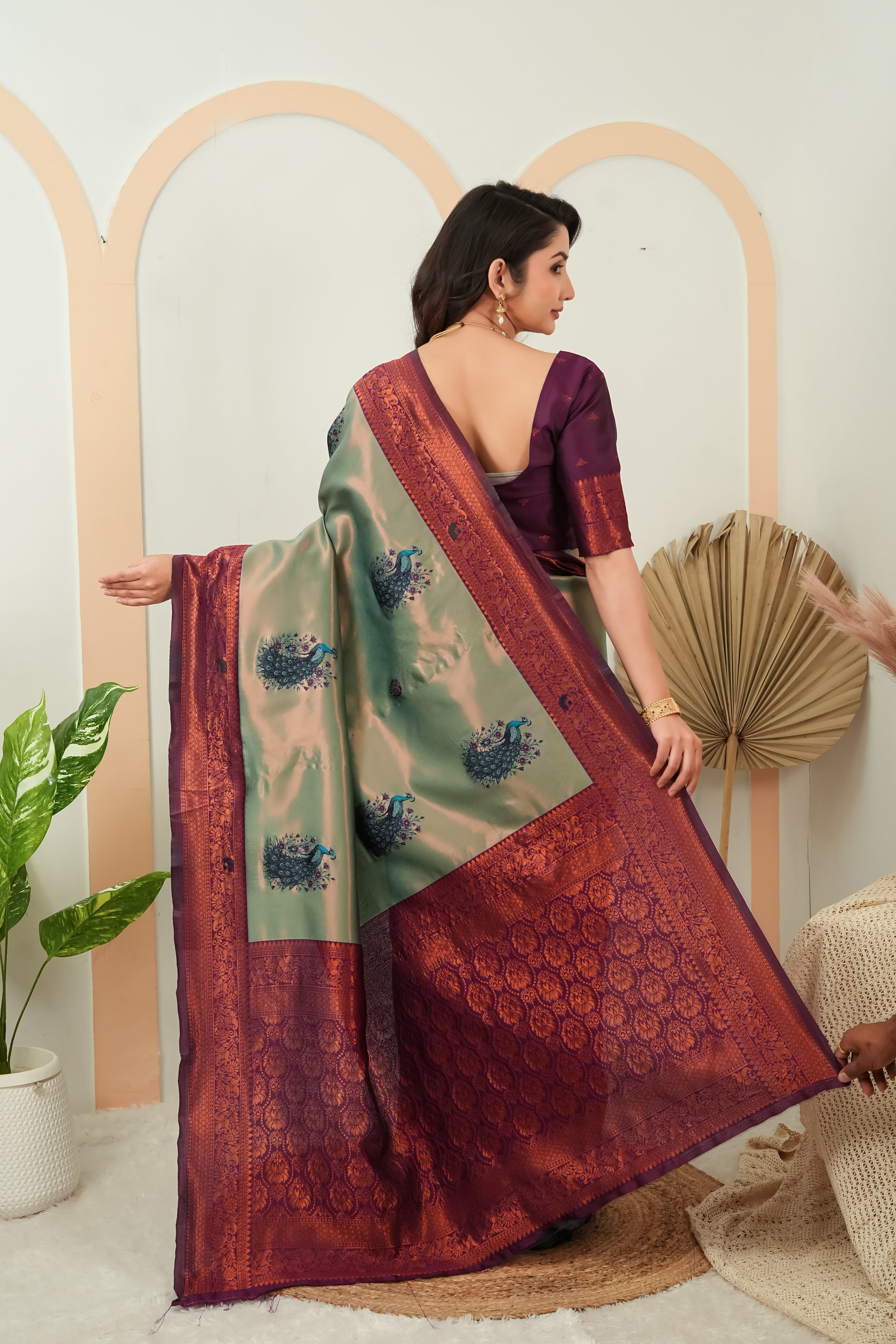 Sage Green & Wine Plum Peacock Motif Jacquard Silk Saree