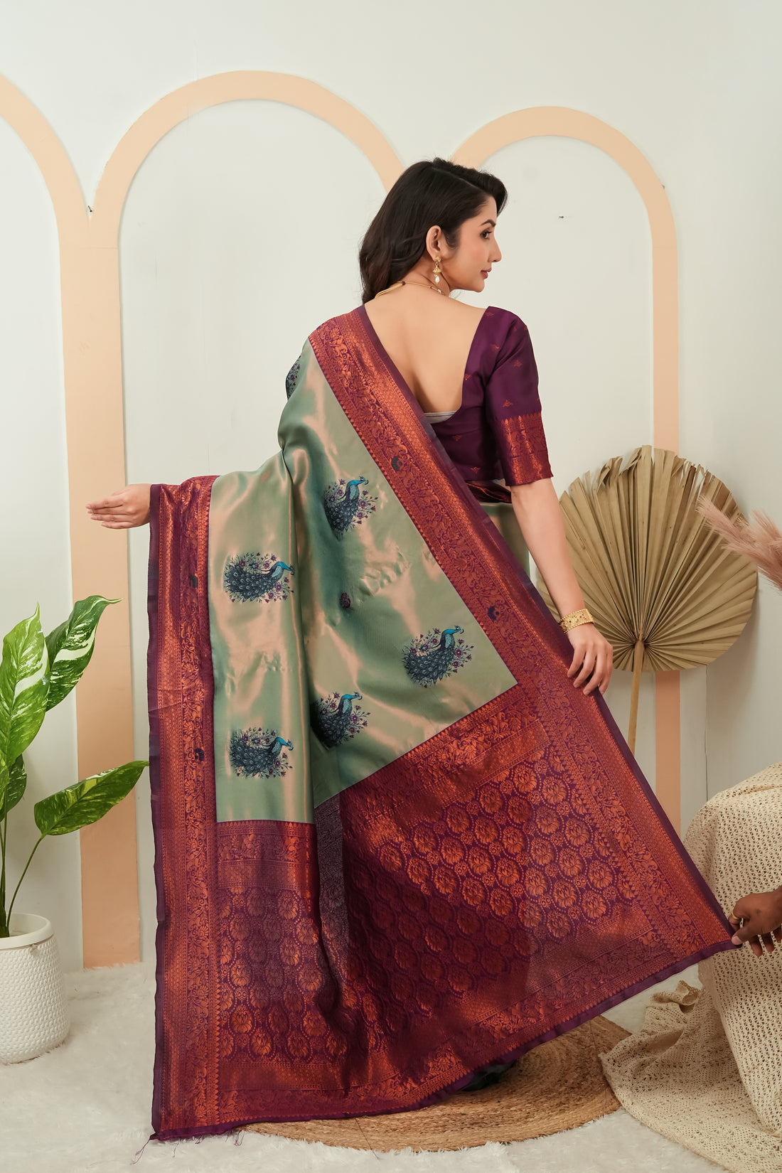 Sage Green & Wine Plum Peacock Motif Jacquard Silk Saree