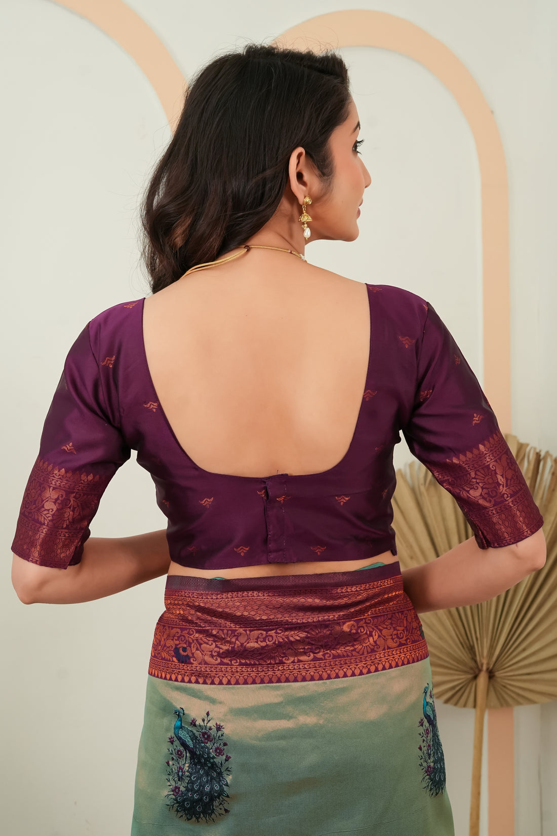Sage Green & Wine Plum Peacock Motif Jacquard Silk Saree