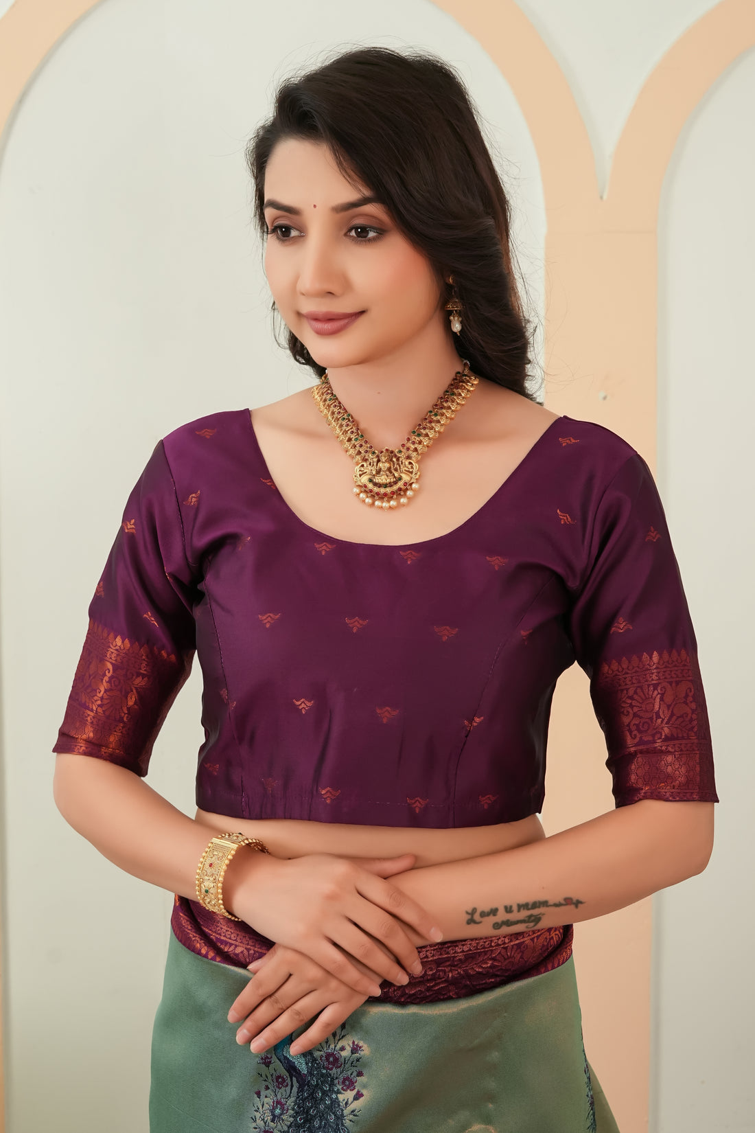 Sage Green & Wine Plum Peacock Motif Jacquard Silk Saree