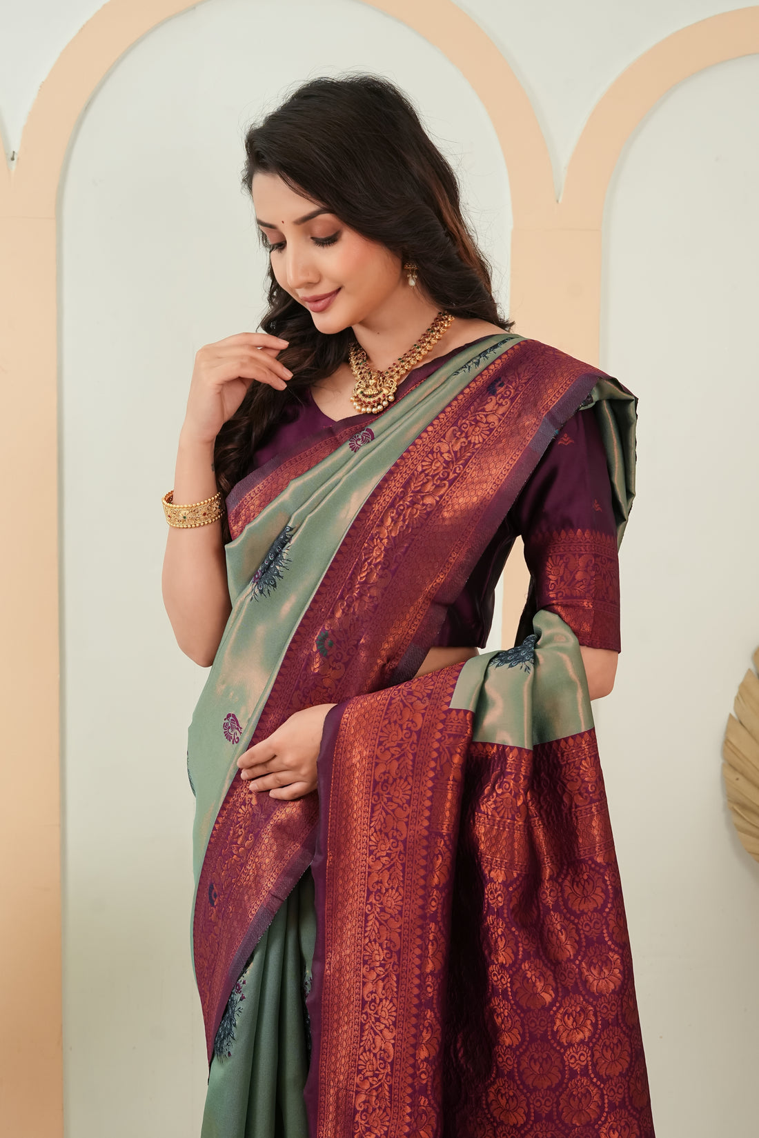 Sage Green & Wine Plum Peacock Motif Jacquard Silk Saree