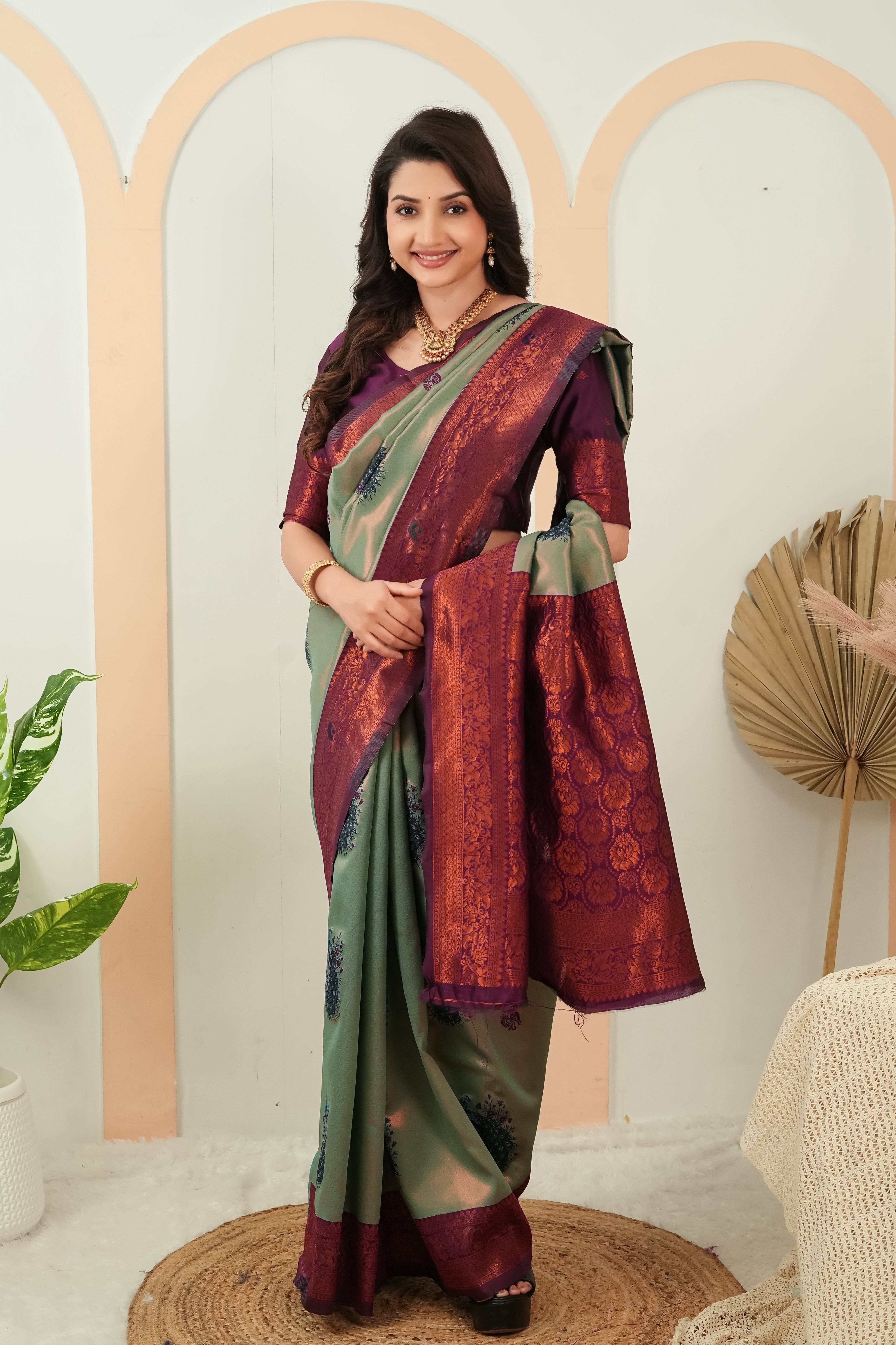 Sage Green & Wine Plum Peacock Motif Jacquard Silk Saree