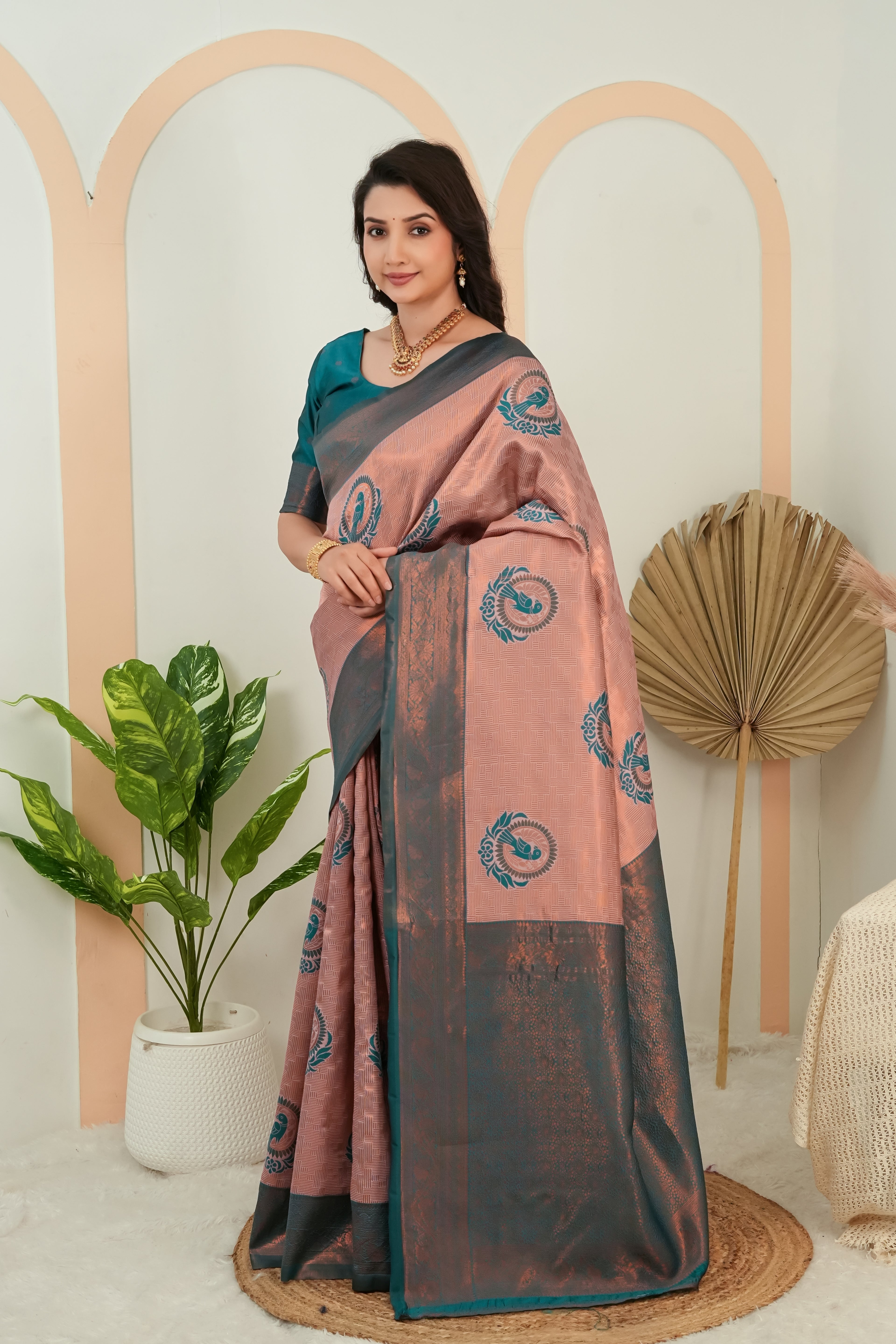 Dusty Rose & Teal Woven Parrot Motif Saree
