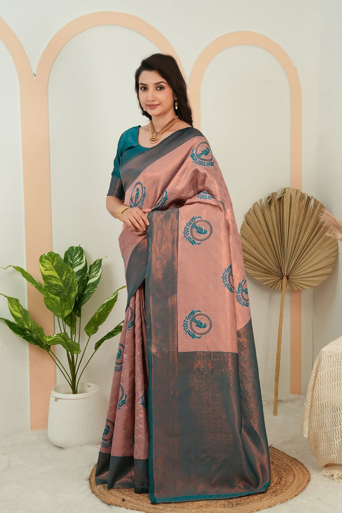 Dusty Rose & Teal Woven Parrot Motif Saree