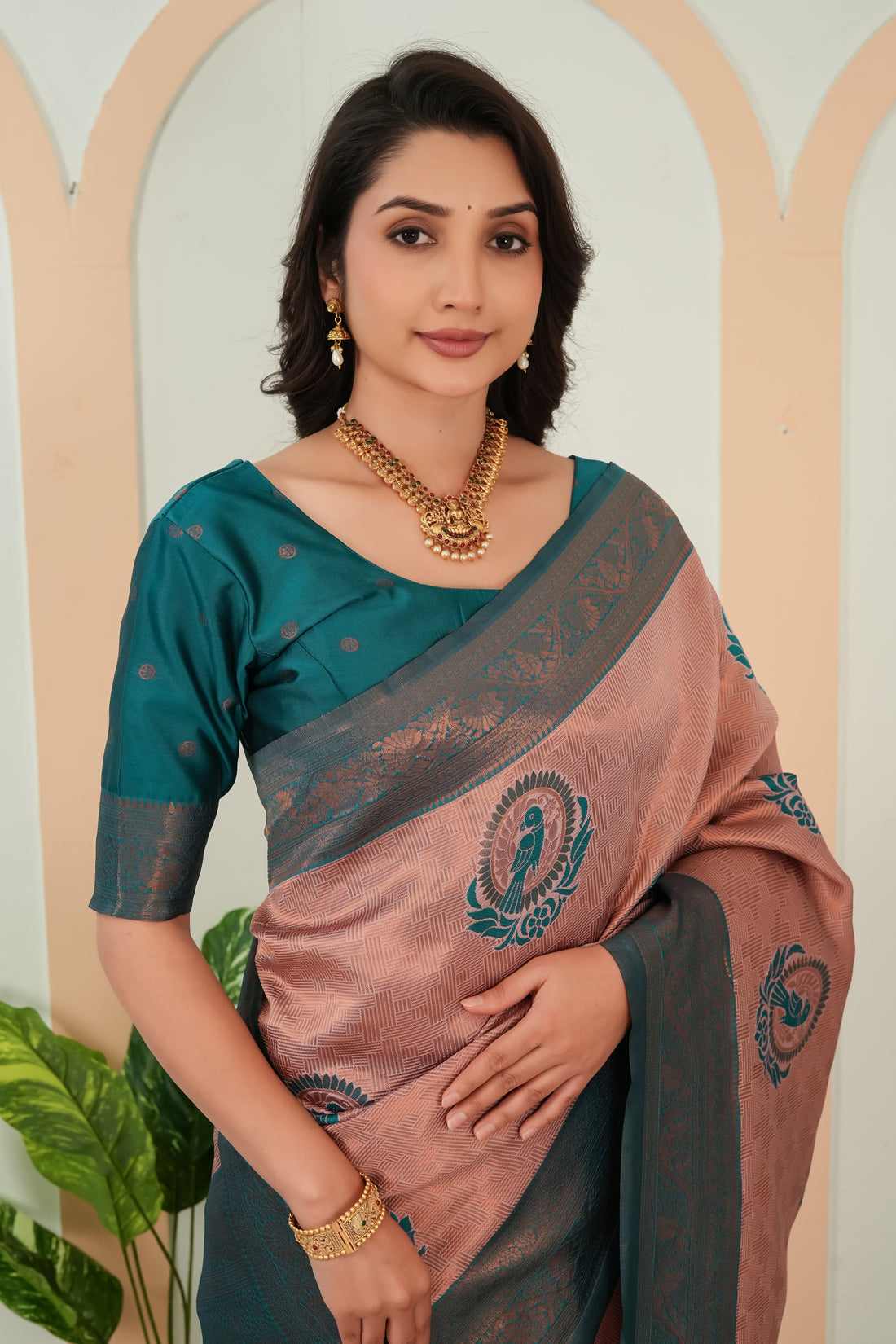 Dusty Rose & Teal Woven Parrot Motif Saree