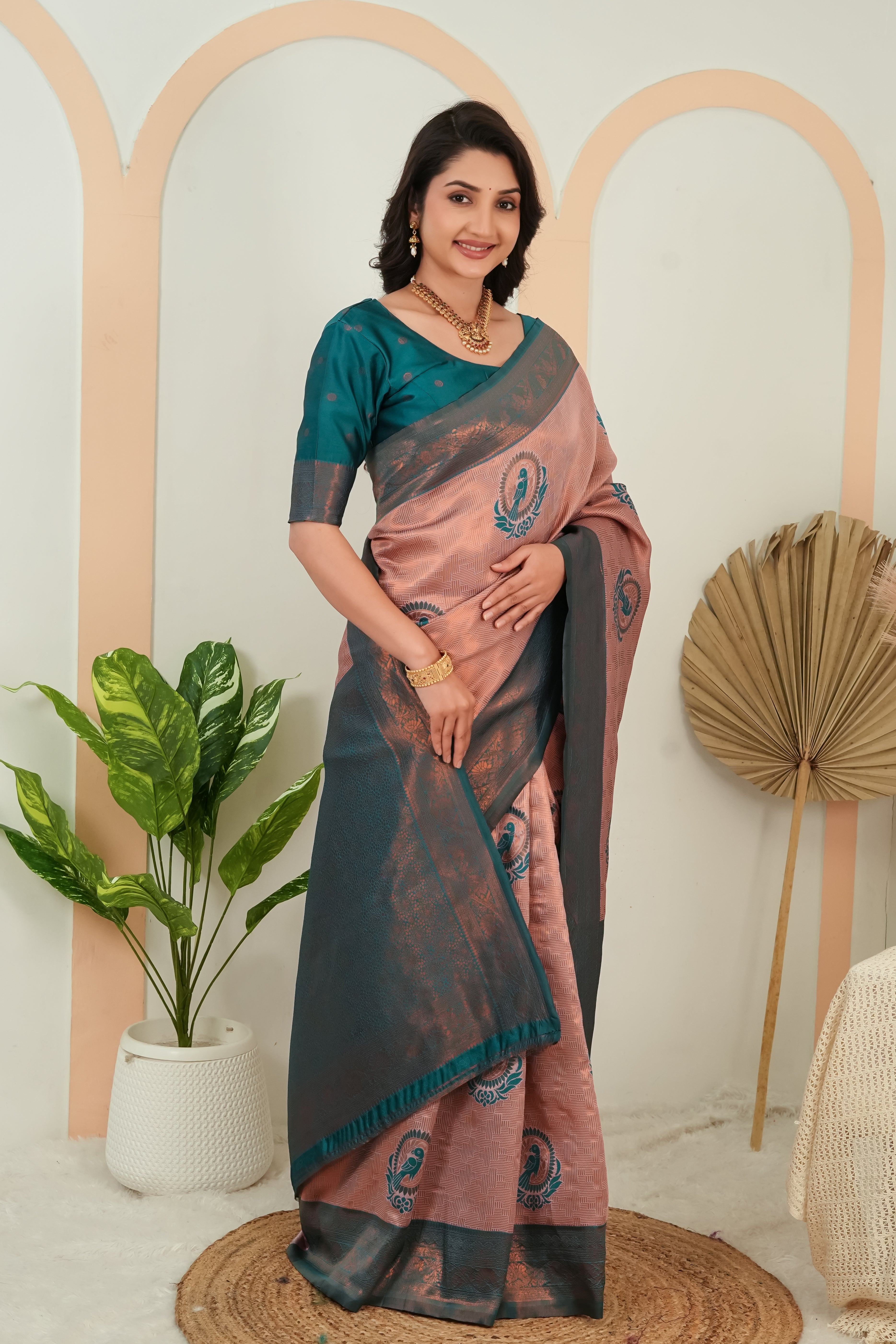 Dusty Rose & Teal Woven Parrot Motif Saree