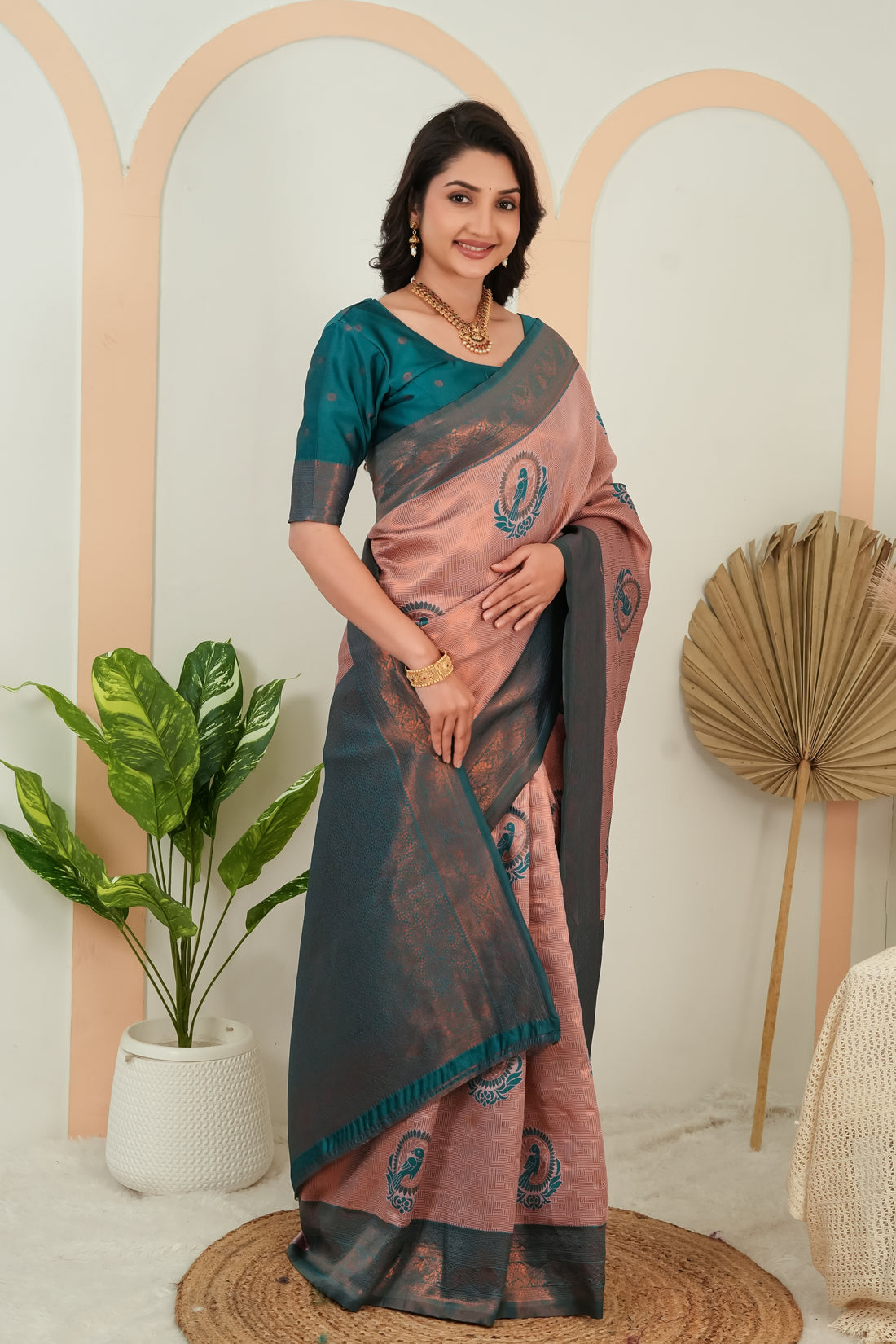 Dusty Rose & Teal Woven Parrot Motif Saree