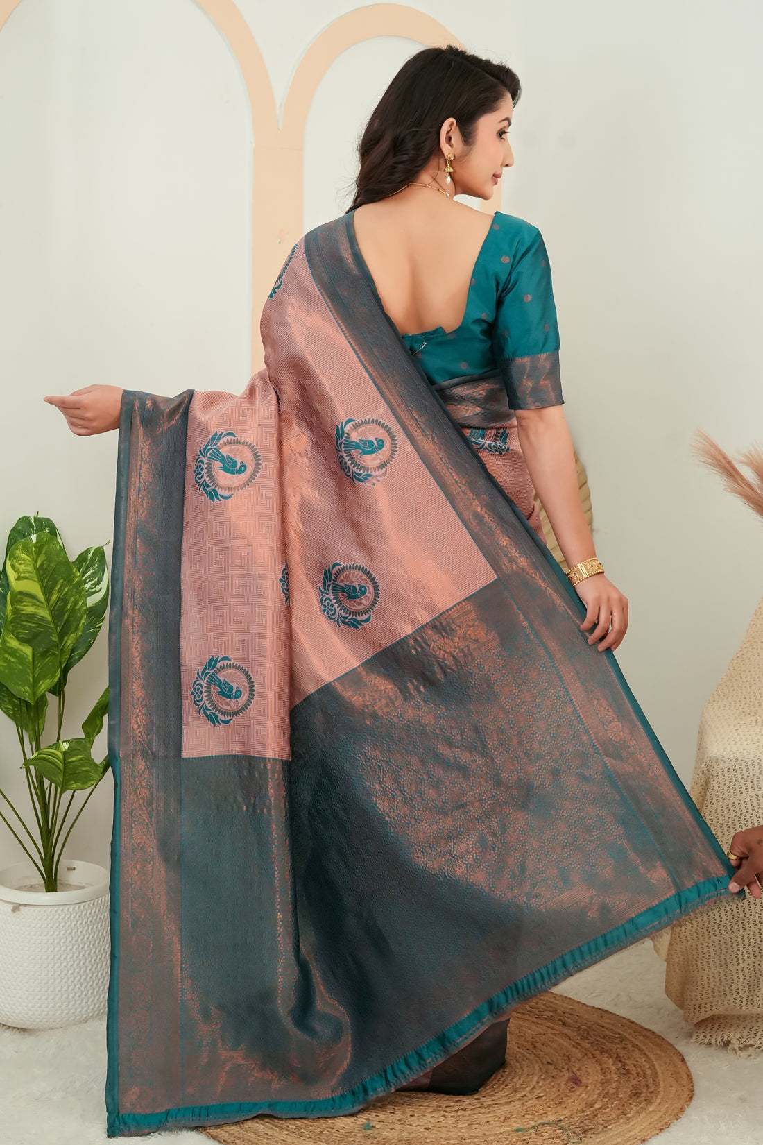 Dusty Rose & Teal Woven Parrot Motif Saree