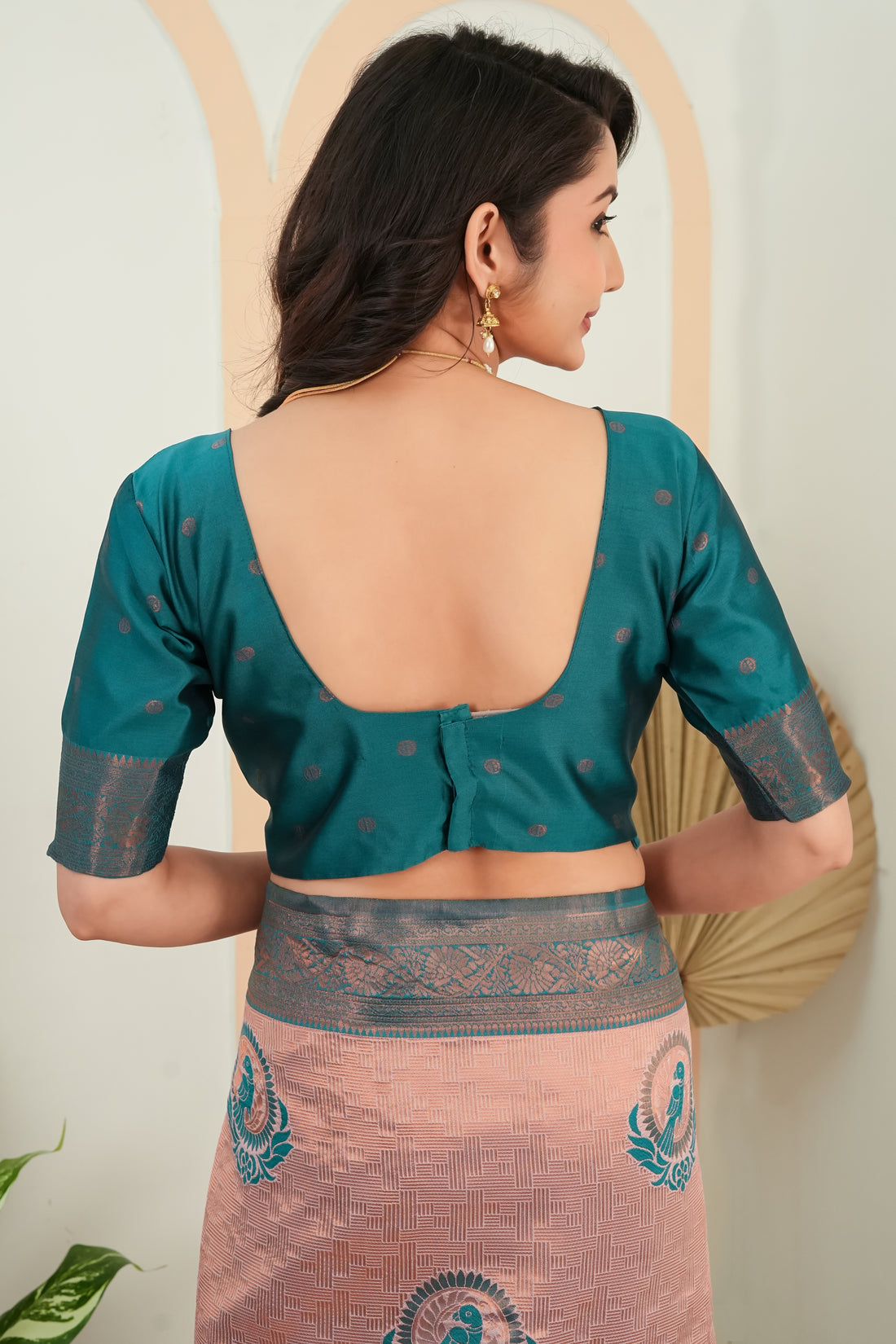 Dusty Rose & Teal Woven Parrot Motif Saree