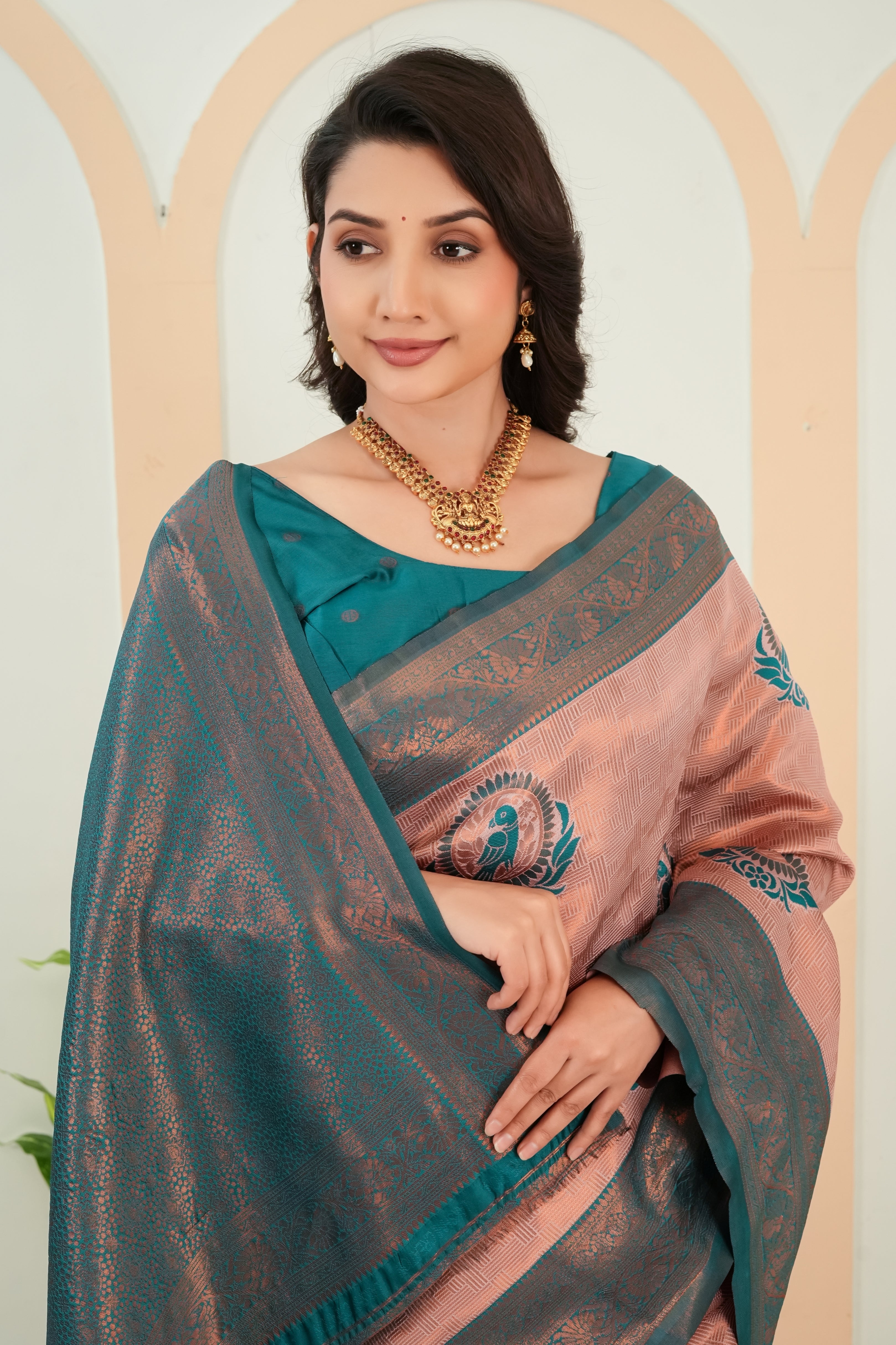 Dusty Rose & Teal Woven Parrot Motif Saree