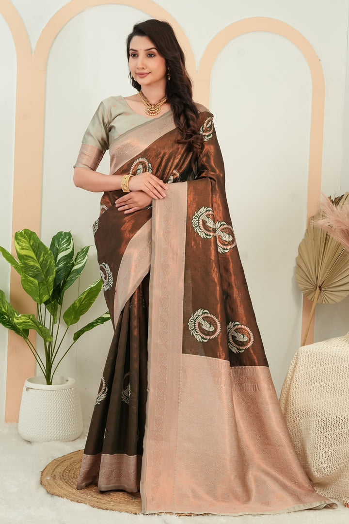 Chocolate Brown Jacquard parrot motif Silk Saree