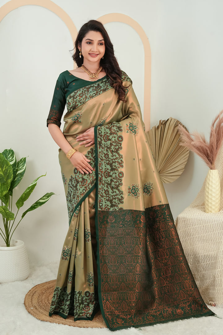 Olive Gold & Bottle Green Jacquard Silk Saree with Traditional Woven Border