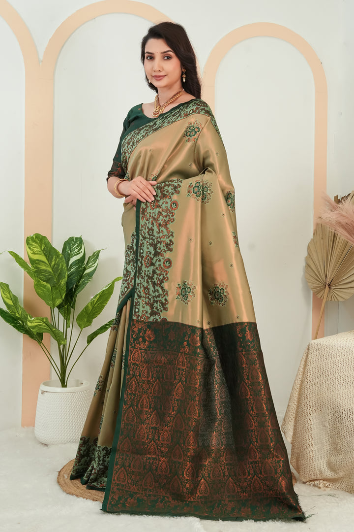 Olive Gold & Bottle Green Jacquard Silk Saree with Traditional Woven Border