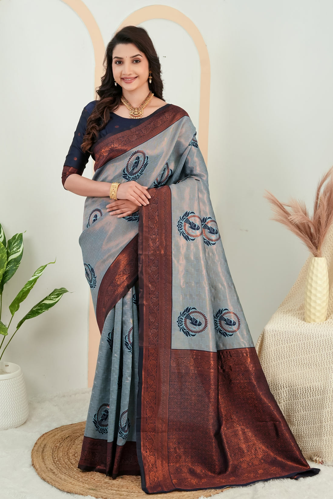 Steel Grey parrot motif Jacquard Silk Saree