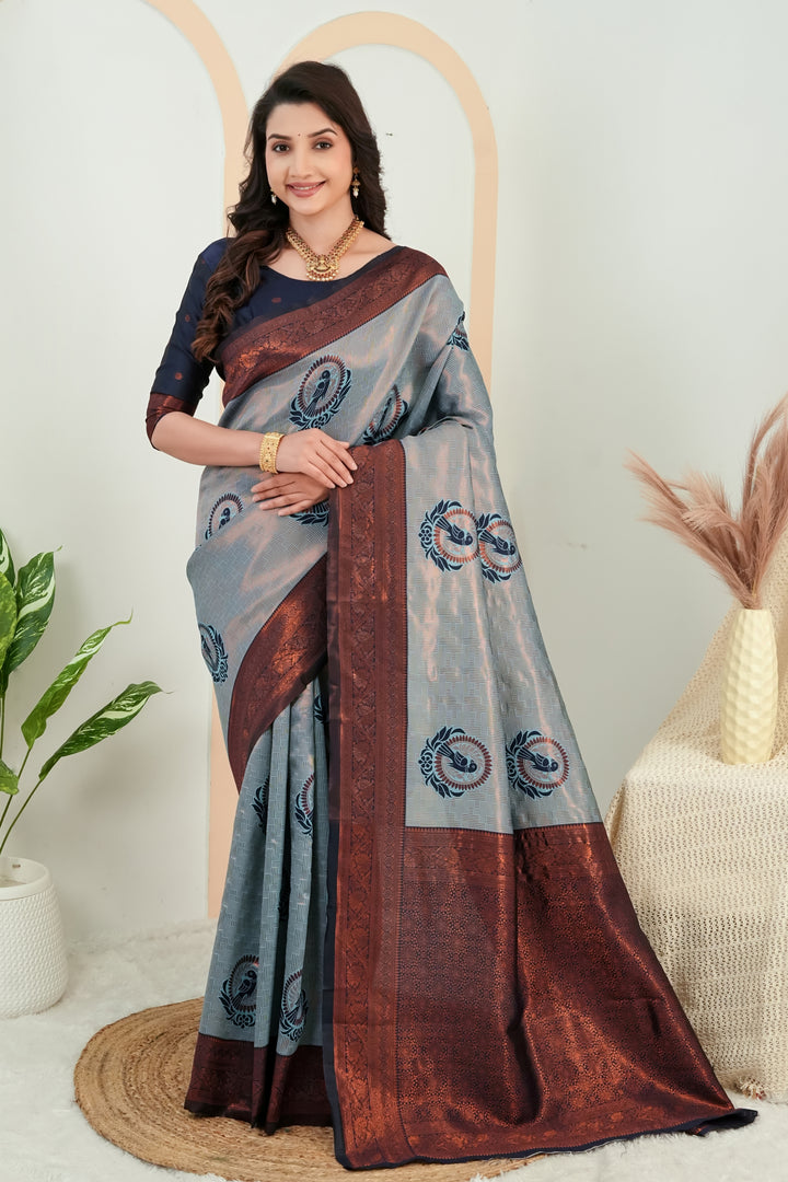 Steel Grey parrot motif Jacquard Silk Saree