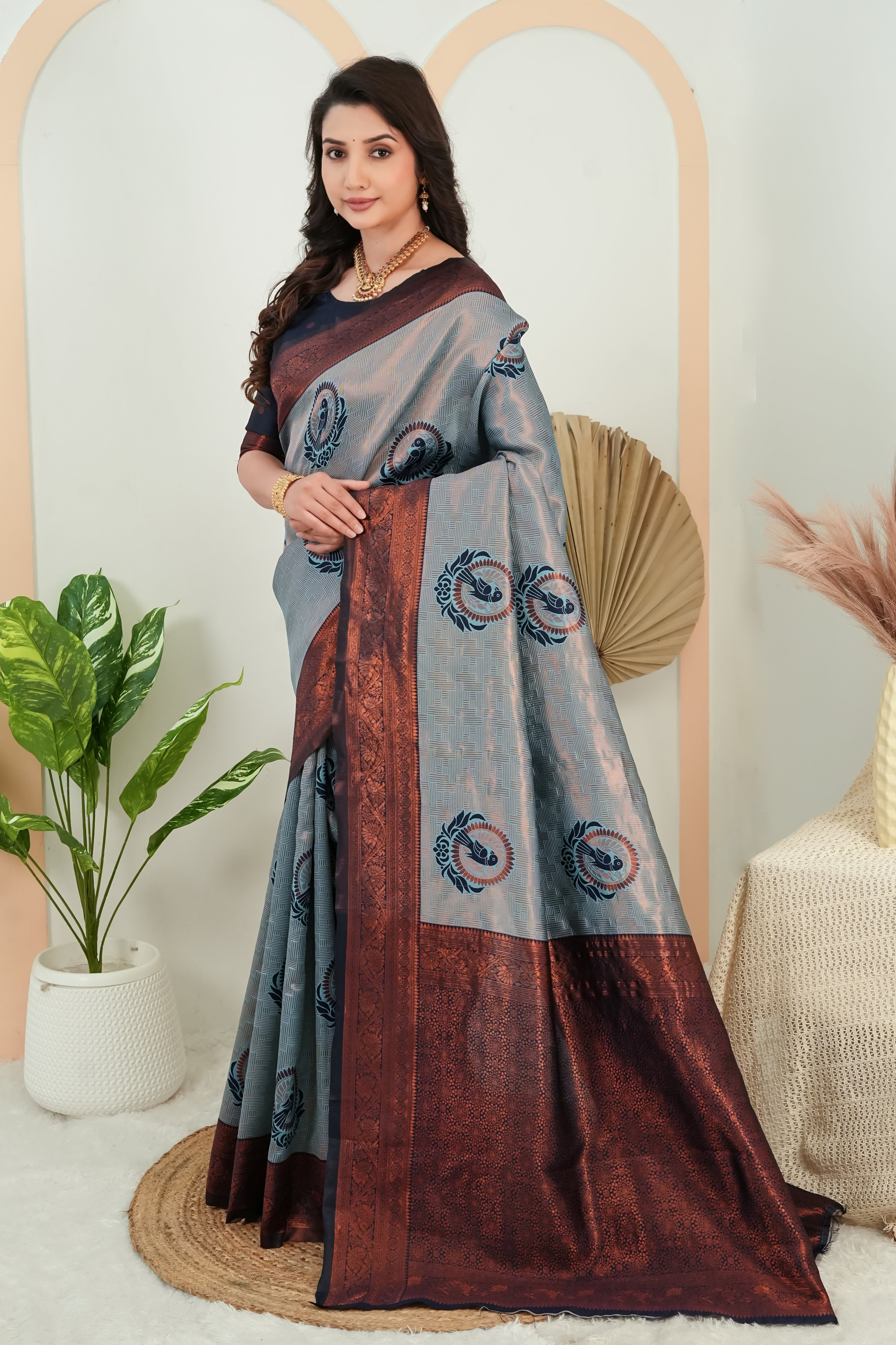 Steel Grey parrot motif Jacquard Silk Saree