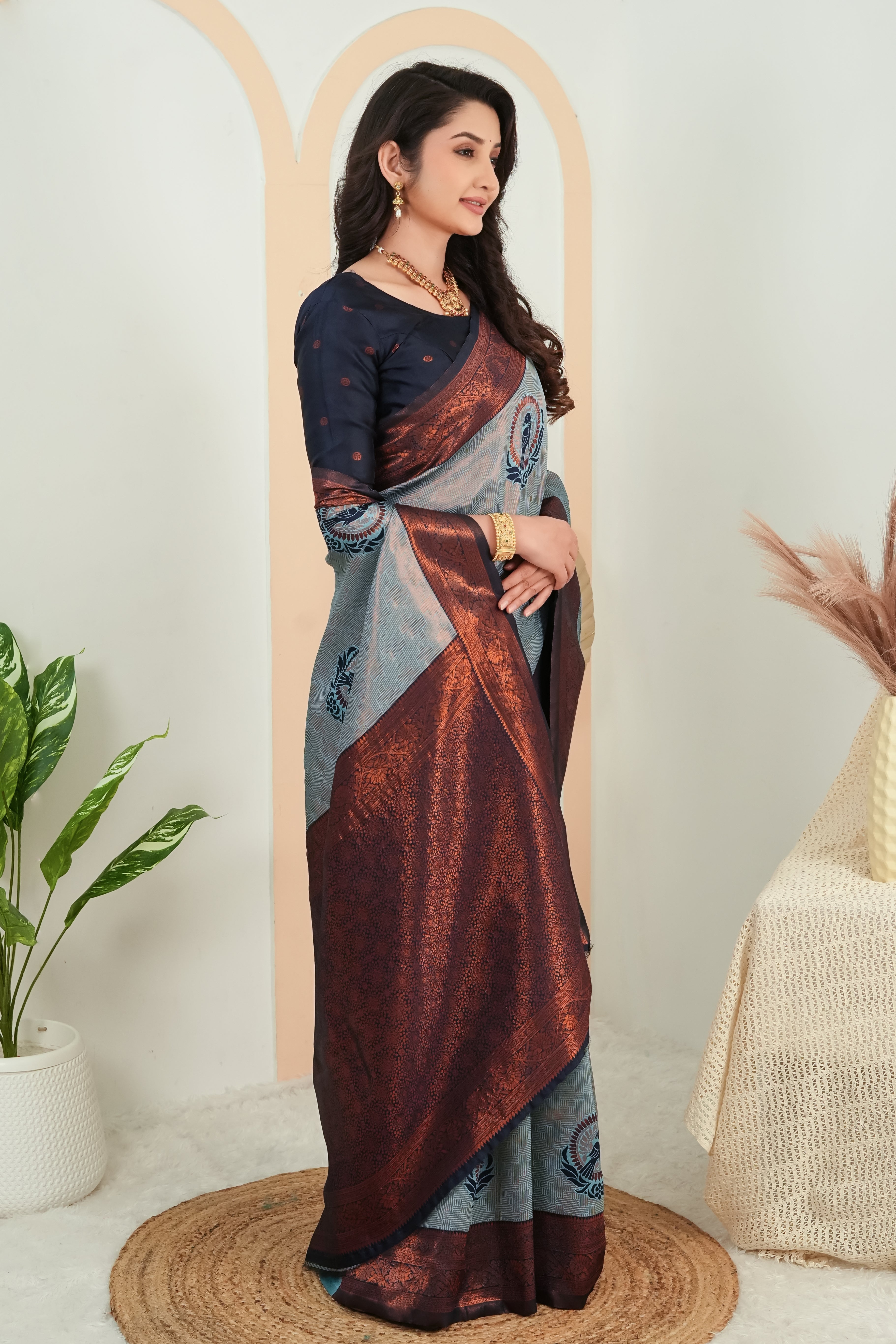 Steel Grey parrot motif Jacquard Silk Saree