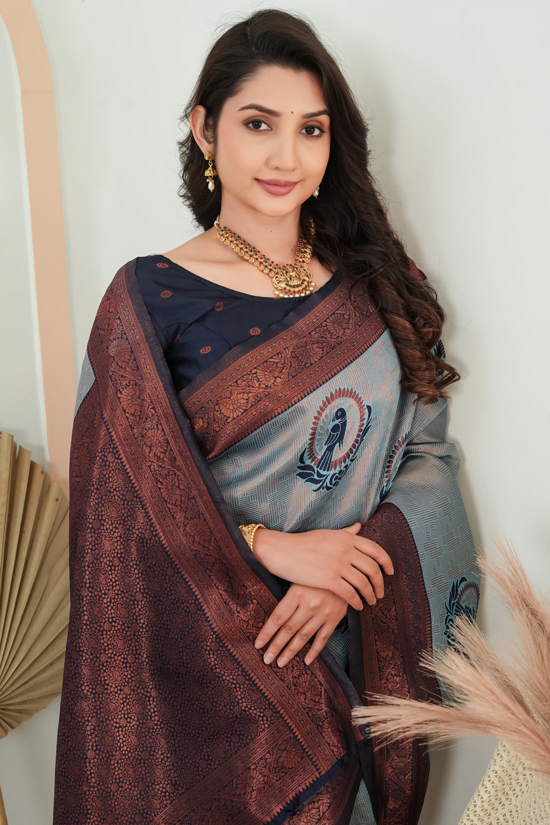 Steel Grey parrot motif Jacquard Silk Saree