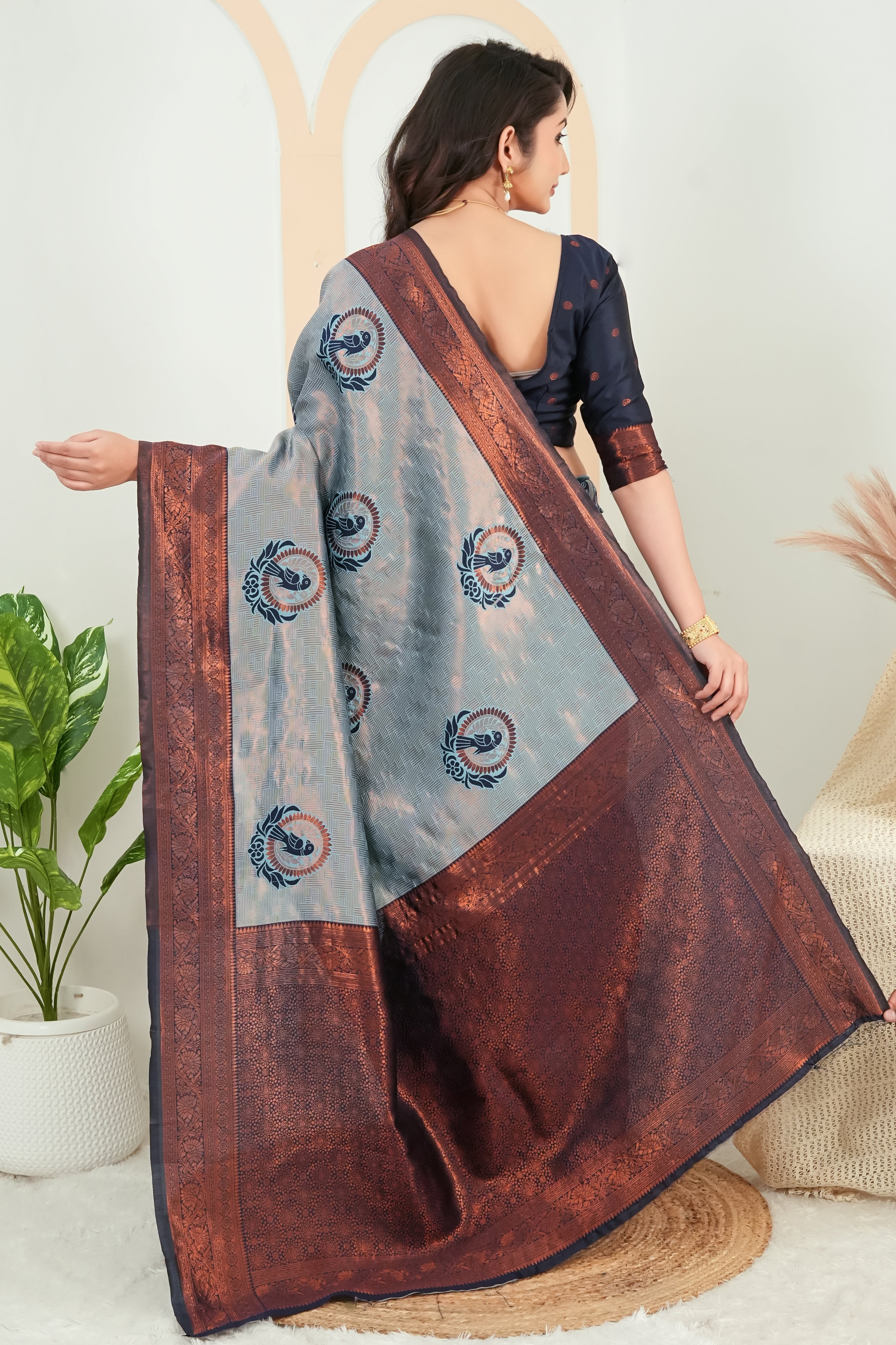 Steel Grey parrot motif Jacquard Silk Saree