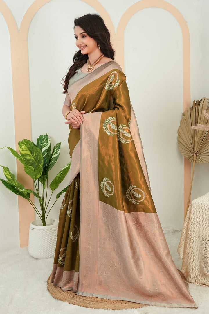 Olive Green parrot motif Jacquard Silk Saree