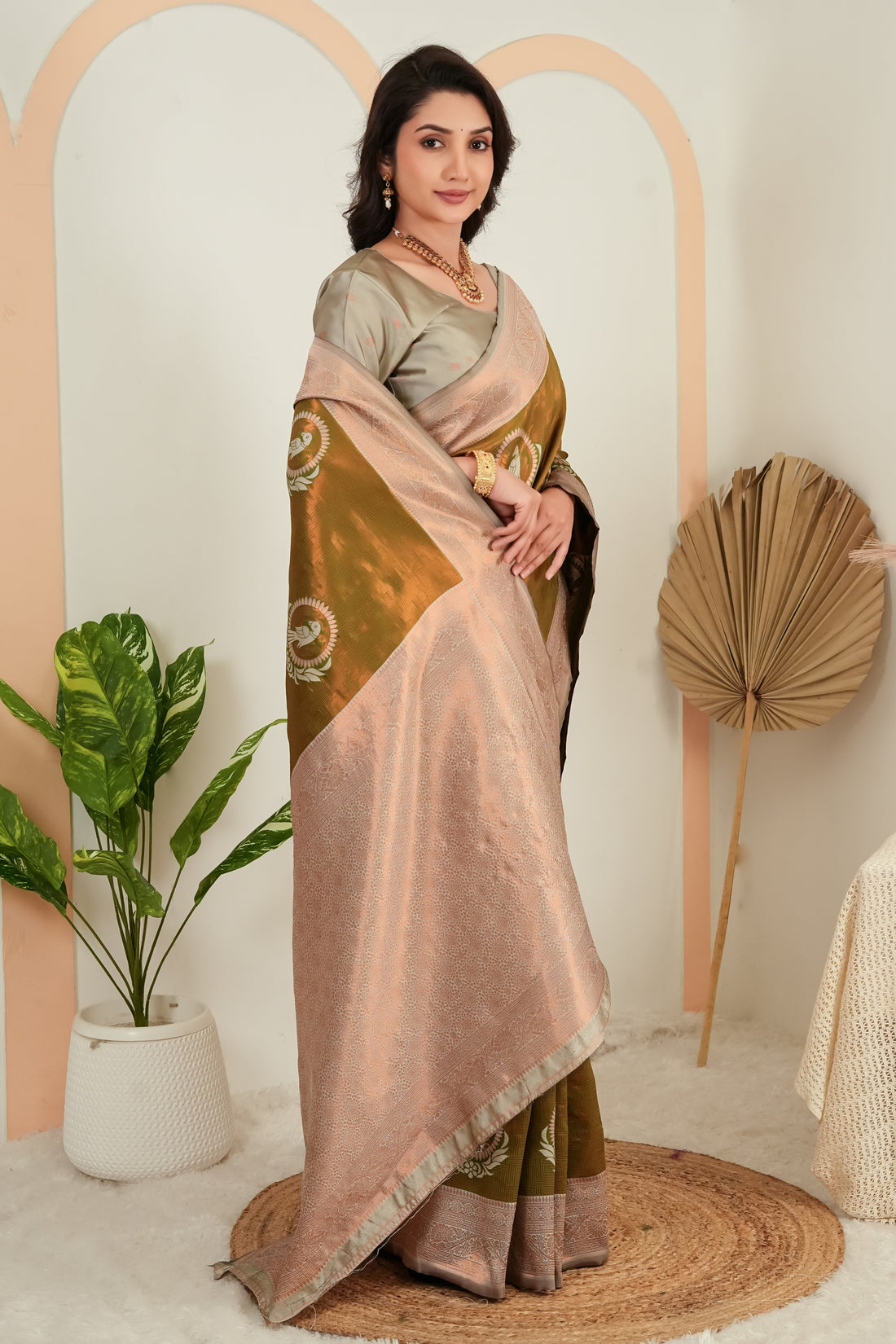 Olive Green parrot motif Jacquard Silk Saree