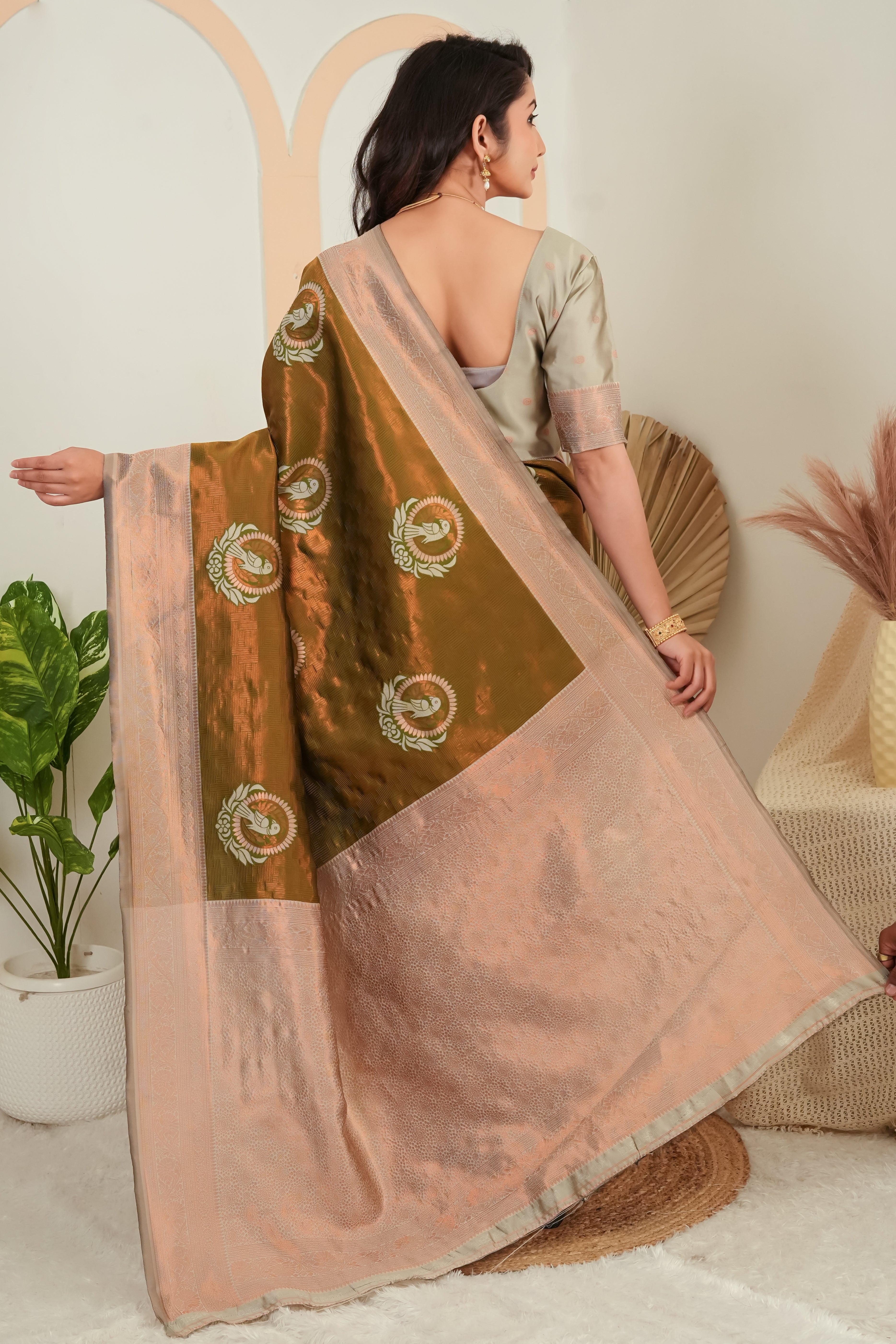 Olive Green parrot motif Jacquard Silk Saree