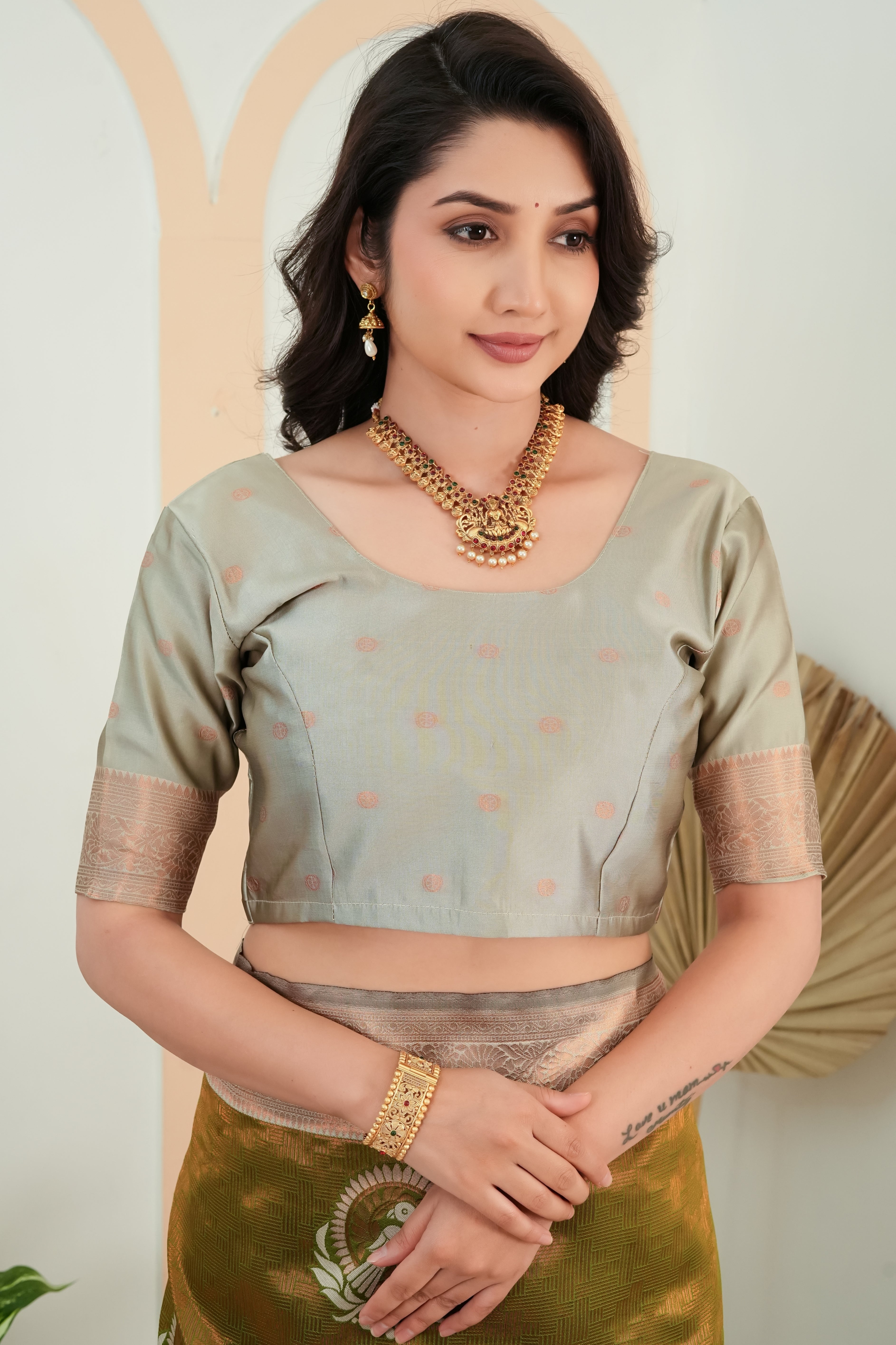 Olive Green parrot motif Jacquard Silk Saree