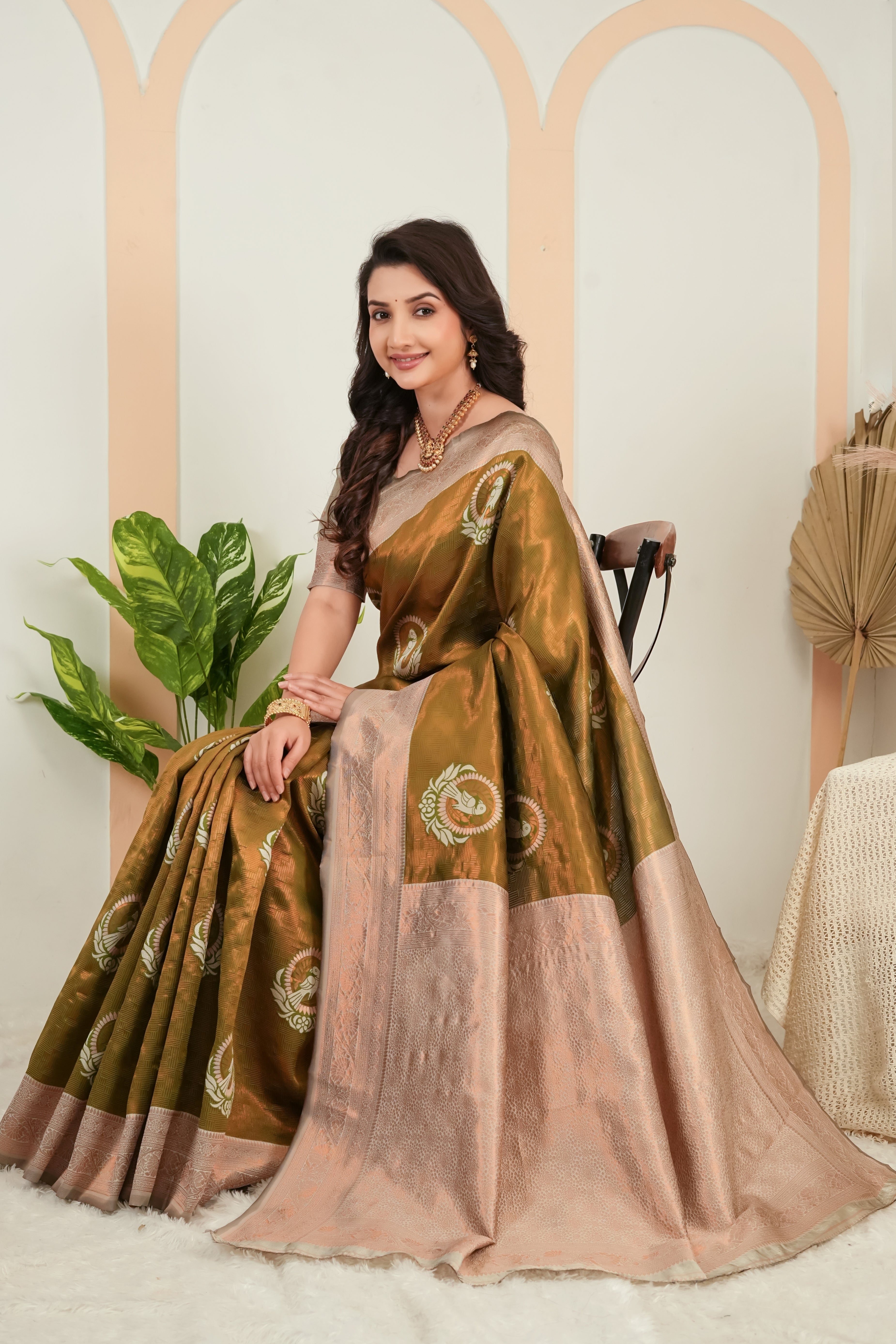 Olive Green parrot motif Jacquard Silk Saree