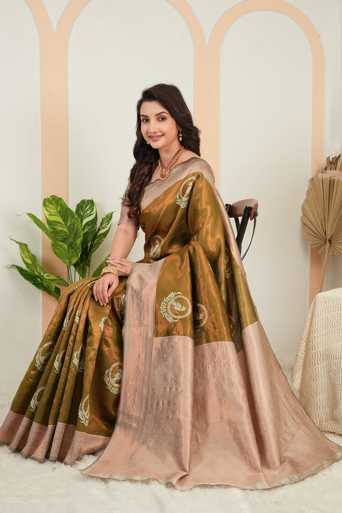 Olive Green parrot motif Jacquard Silk Saree