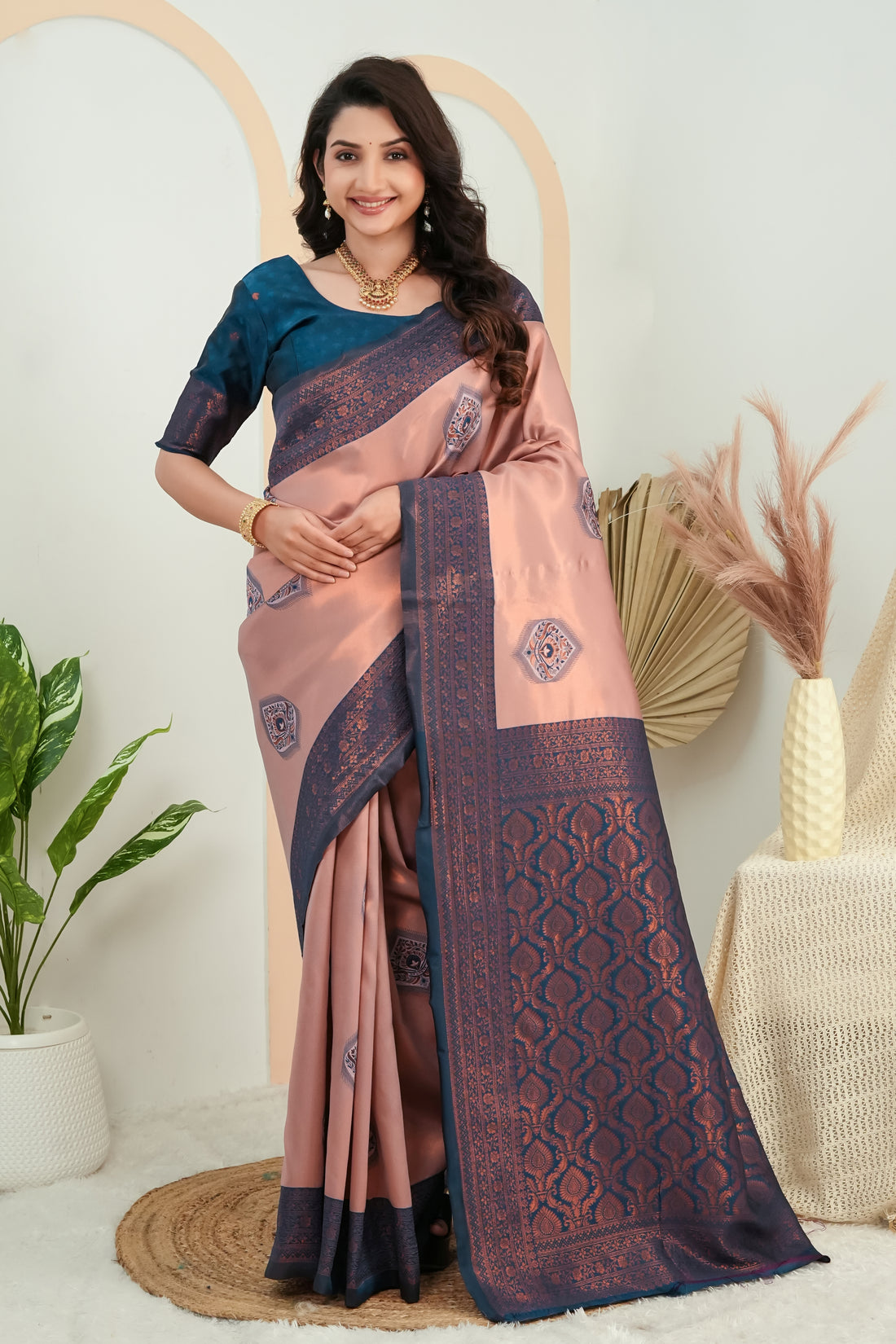 Elegant Peach & Teal Jacquard Silk Saree with Rich Woven Pallu