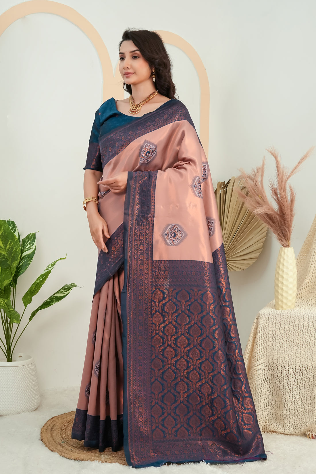 Elegant Peach & Teal Jacquard Silk Saree with Rich Woven Pallu