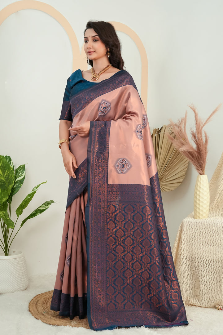 Elegant Peach & Teal Jacquard Silk Saree with Rich Woven Pallu