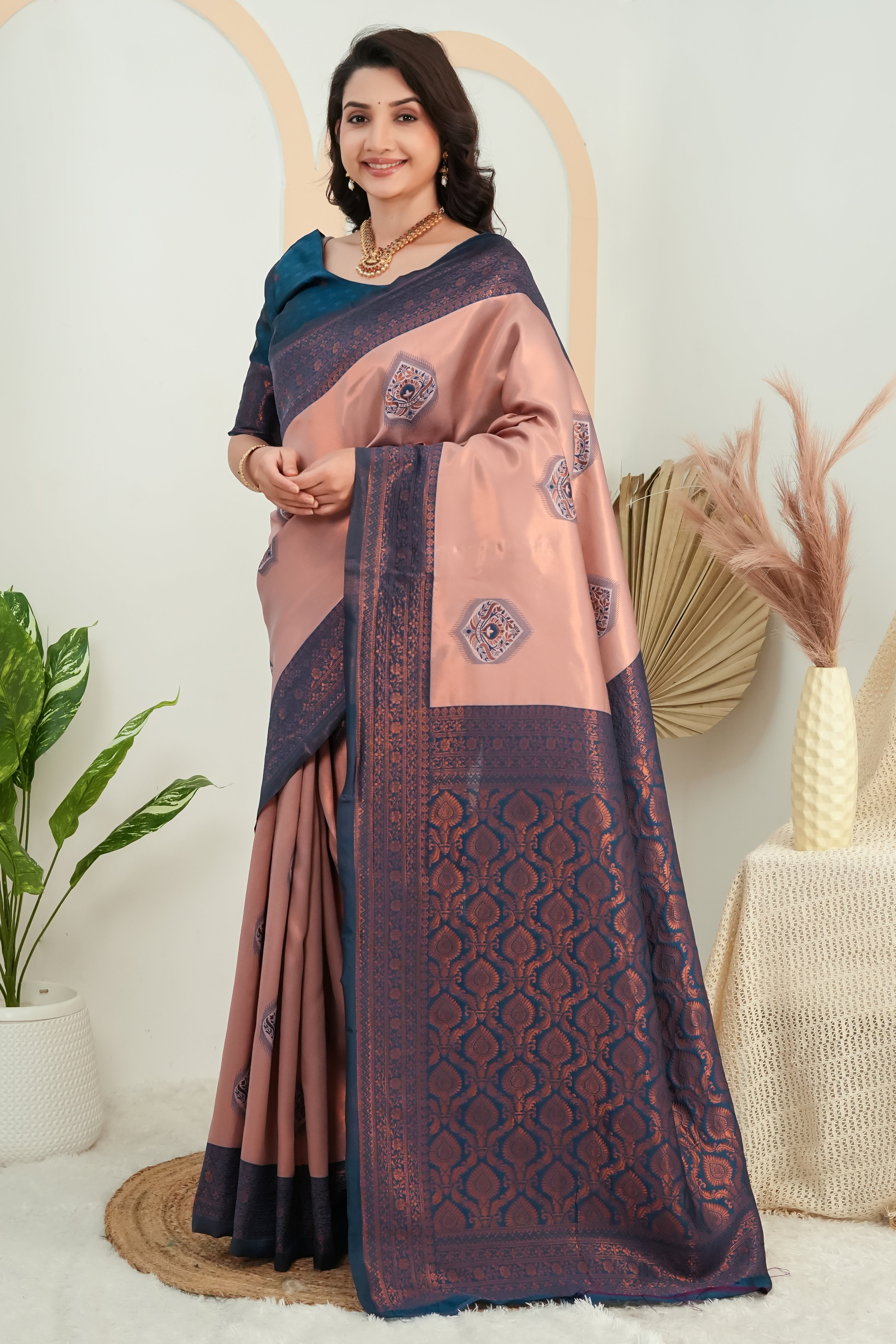 Elegant Peach & Teal Jacquard Silk Saree with Rich Woven Pallu