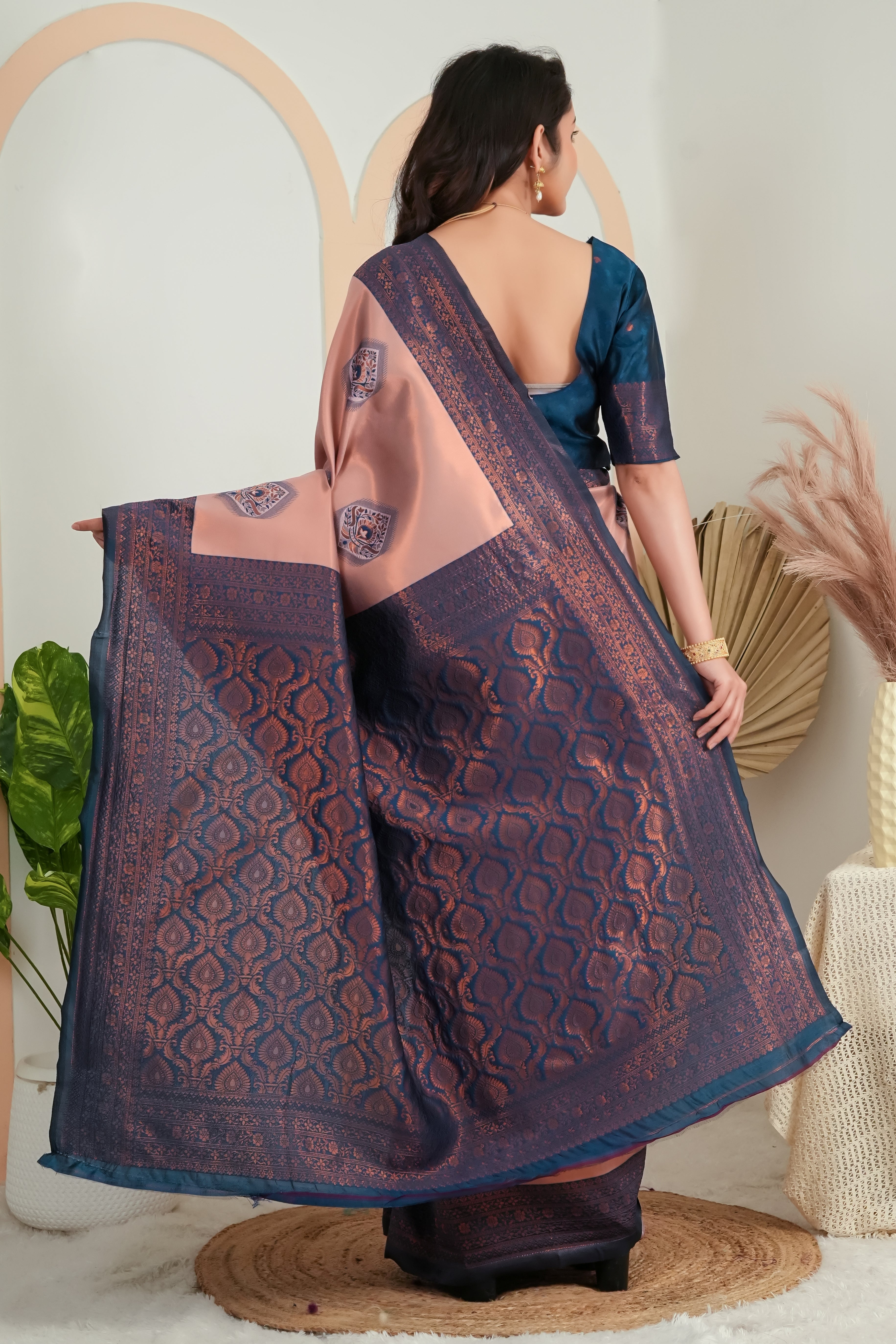 Elegant Peach & Teal Jacquard Silk Saree with Rich Woven Pallu