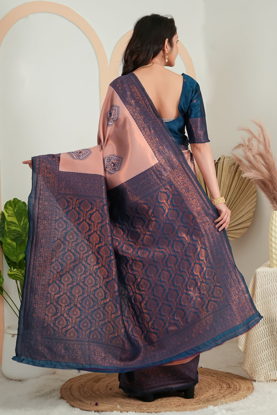 Elegant Peach & Teal Jacquard Silk Saree with Rich Woven Pallu