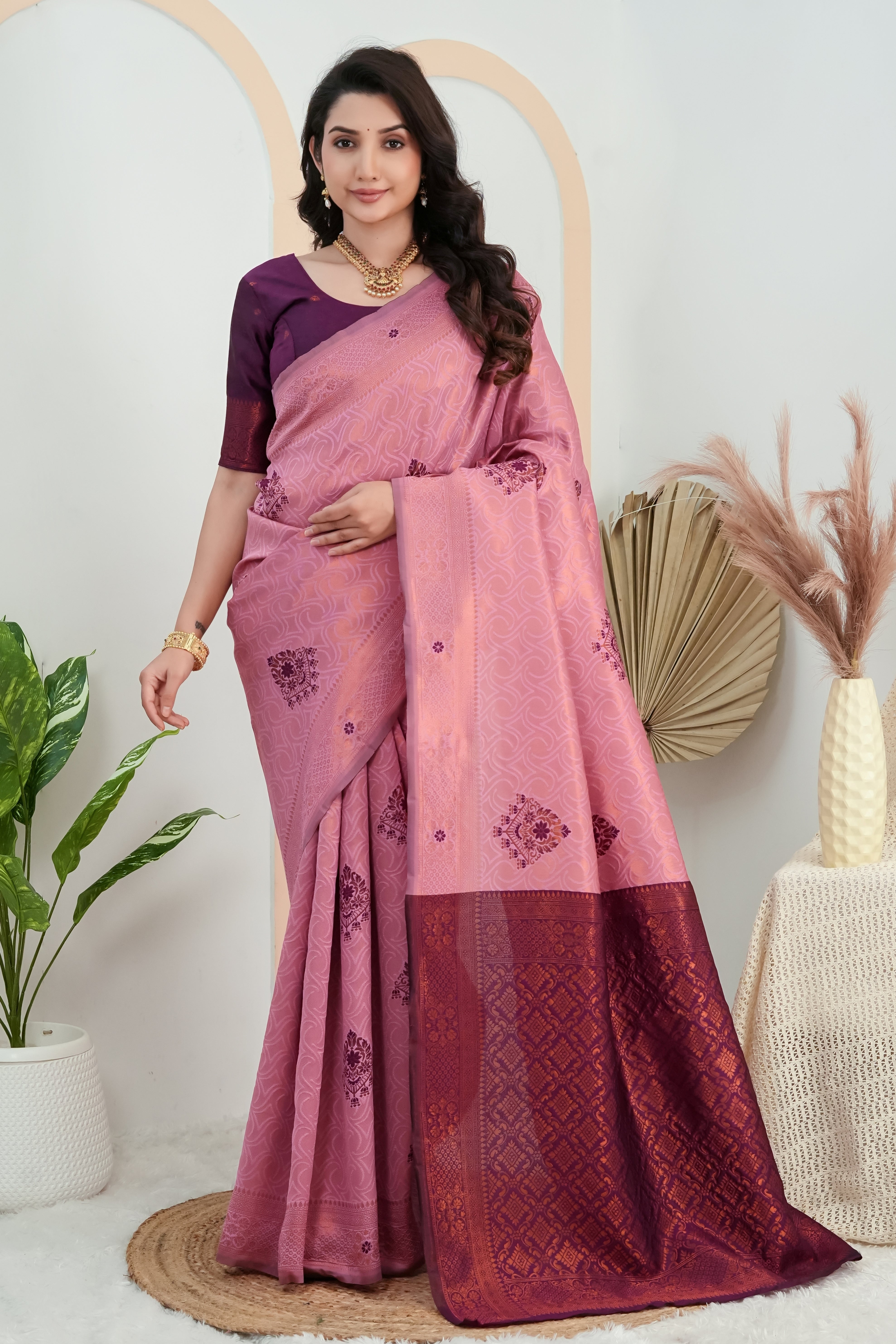 Rose Pink & Wine Purple Traditional Motifs Jacquard Silk Saree