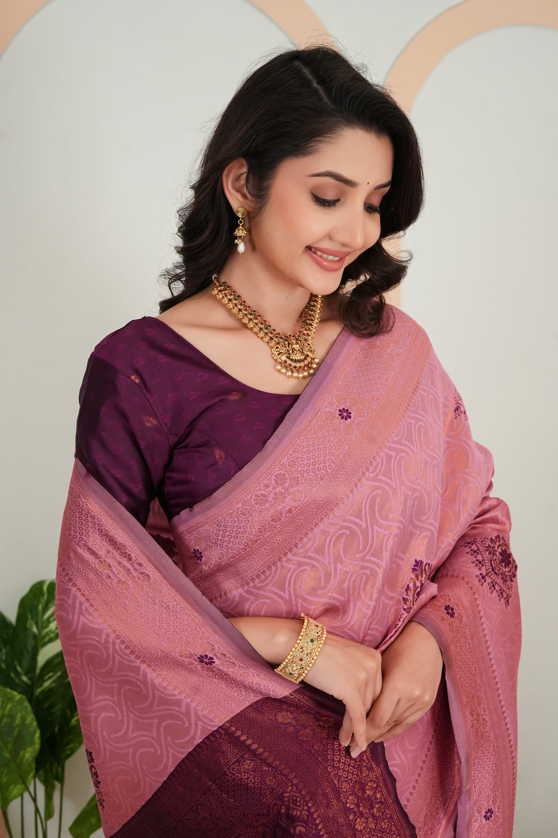 Rose Pink & Wine Purple Traditional Motifs Jacquard Silk Saree