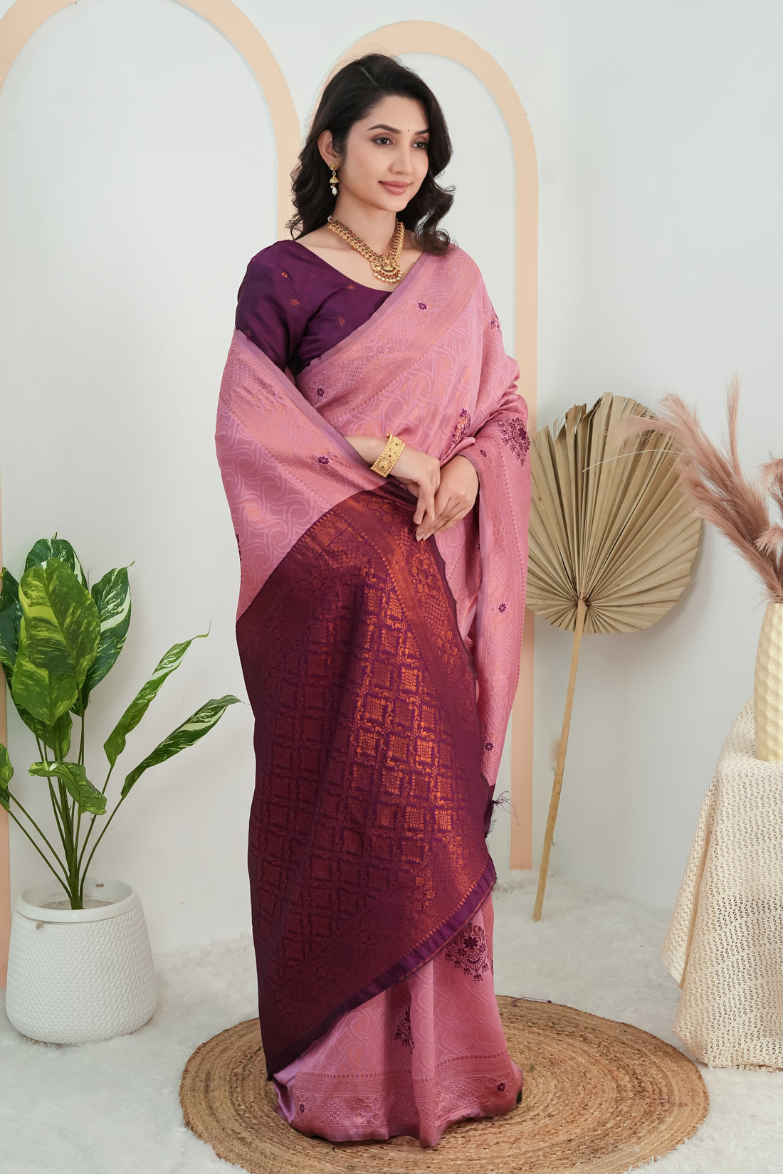 Rose Pink & Wine Purple Traditional Motifs Jacquard Silk Saree