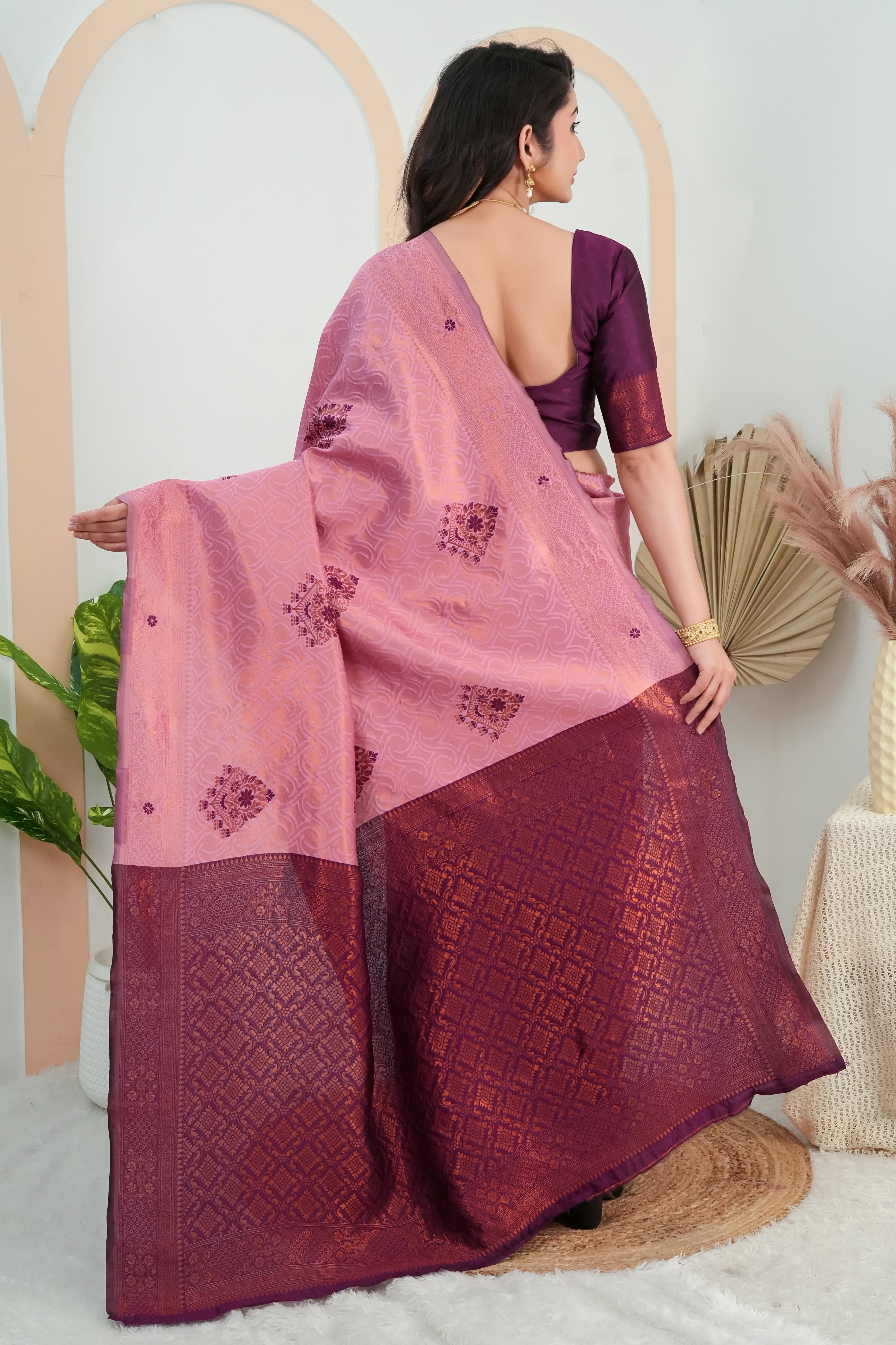 Rose Pink & Wine Purple Traditional Motifs Jacquard Silk Saree