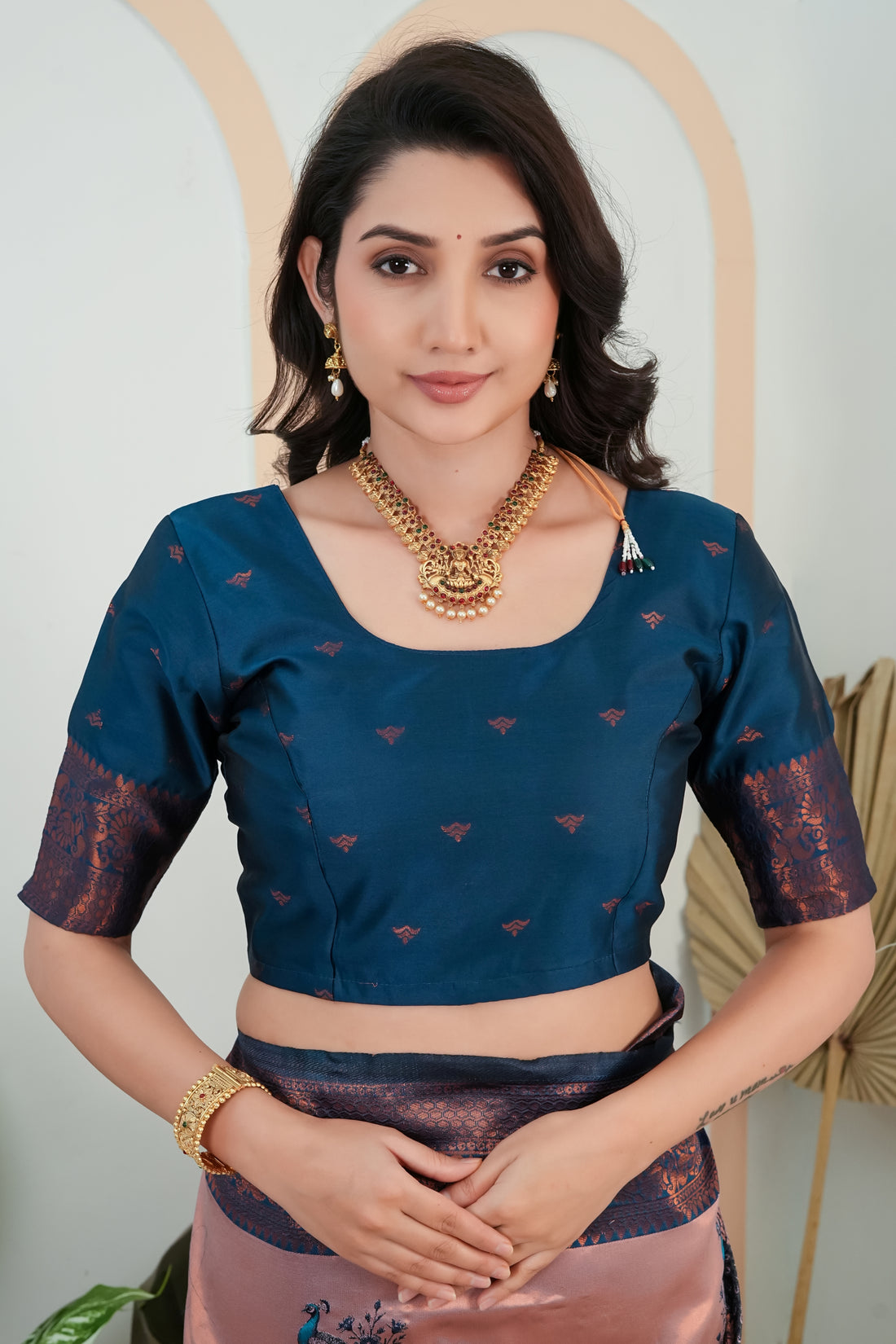 Peach Rose & Teal Blue Peacock Motif Jacquard Silk Saree