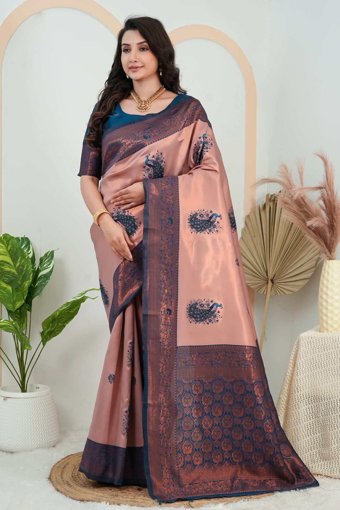 Peach Rose & Teal Blue Peacock Motif Jacquard Silk Saree