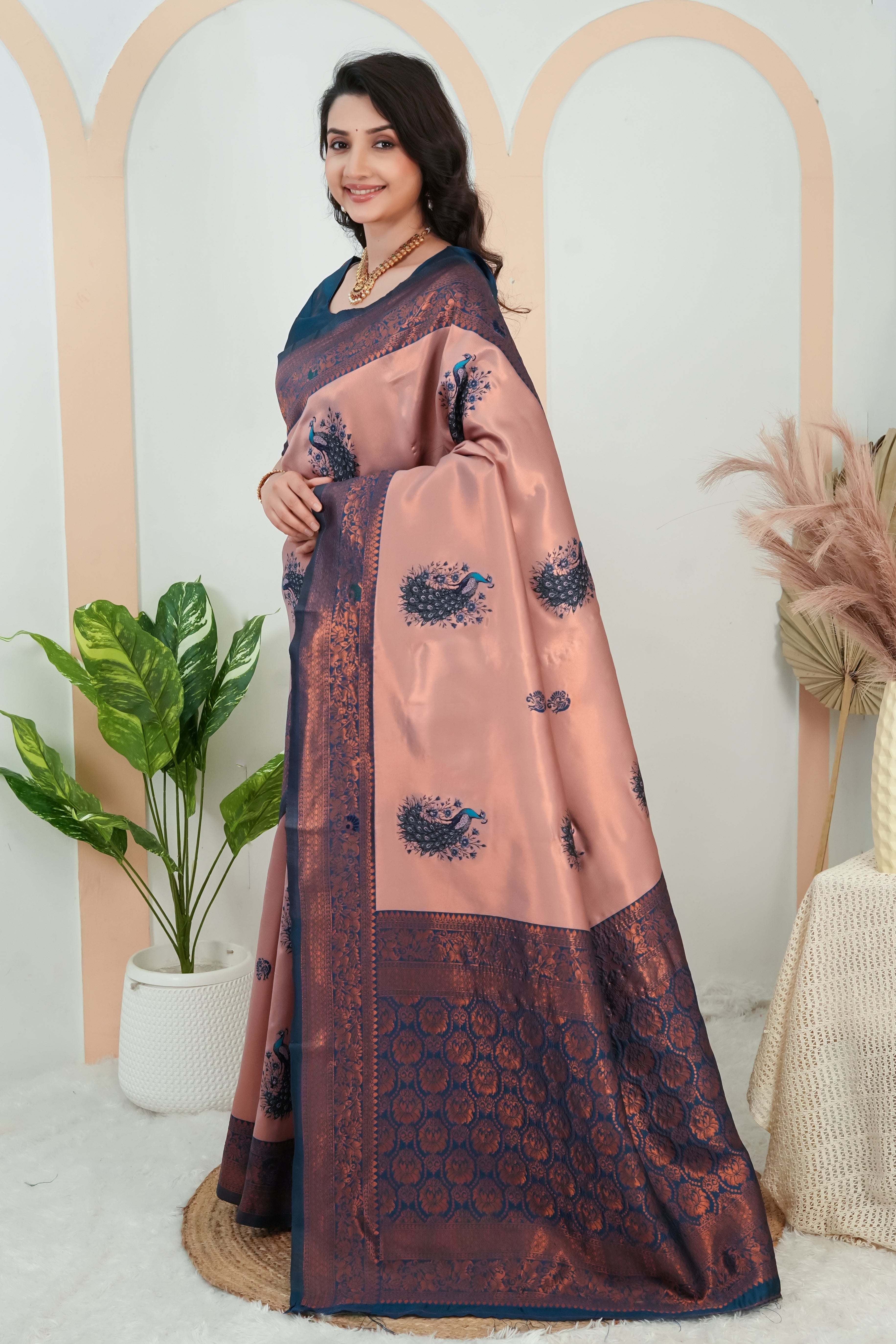 Peach Rose & Teal Blue Peacock Motif Jacquard Silk Saree