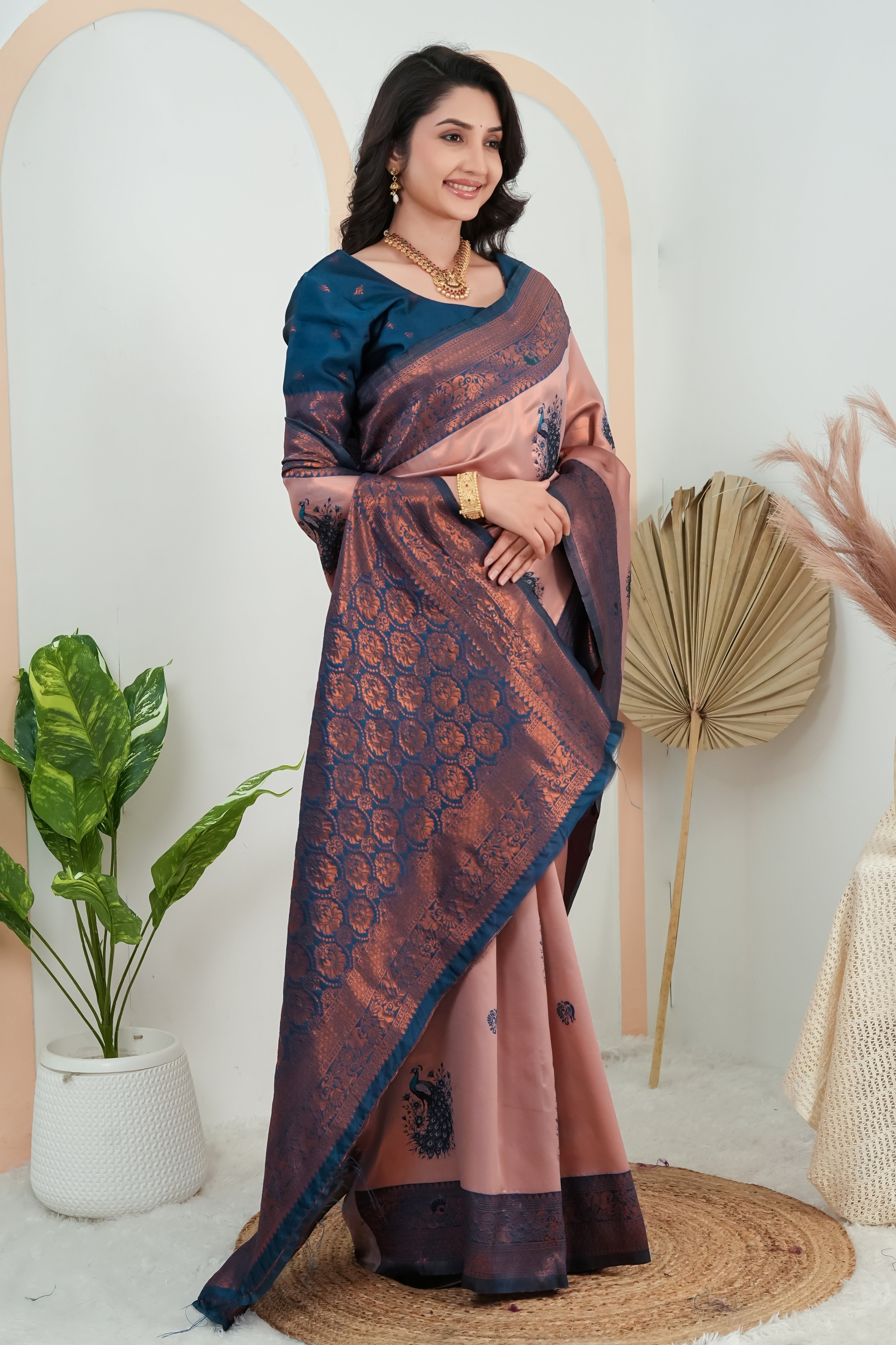 Peach Rose & Teal Blue Peacock Motif Jacquard Silk Saree