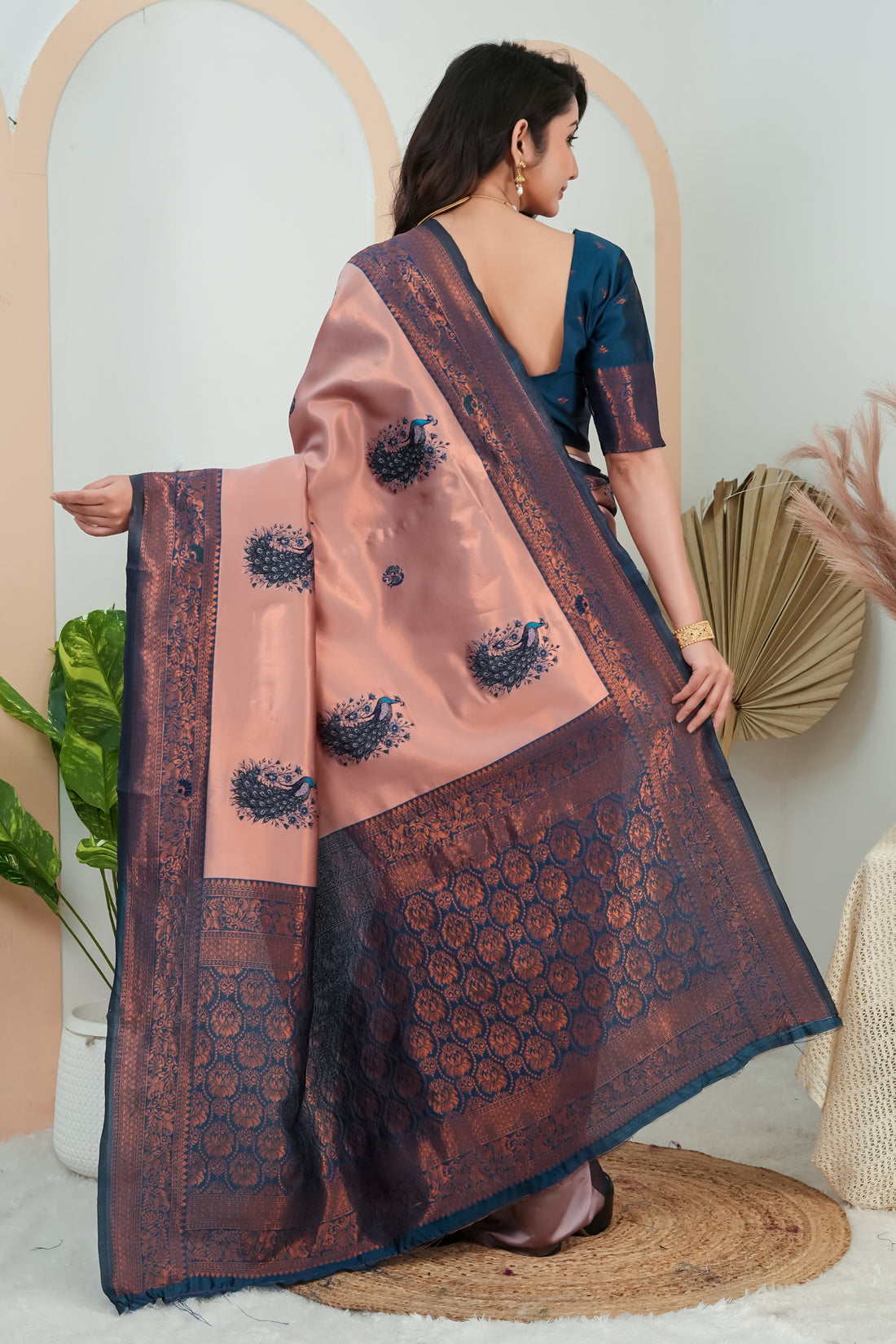 Peach Rose & Teal Blue Peacock Motif Jacquard Silk Saree