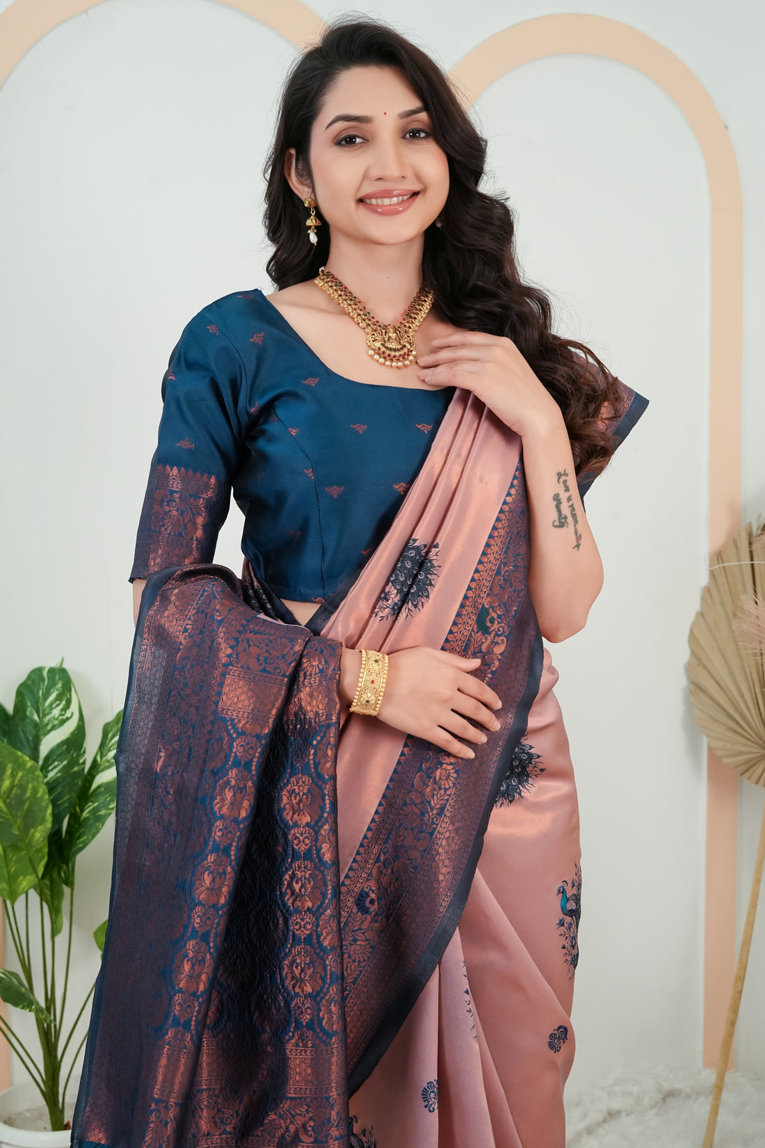 Peach Rose & Teal Blue Peacock Motif Jacquard Silk Saree