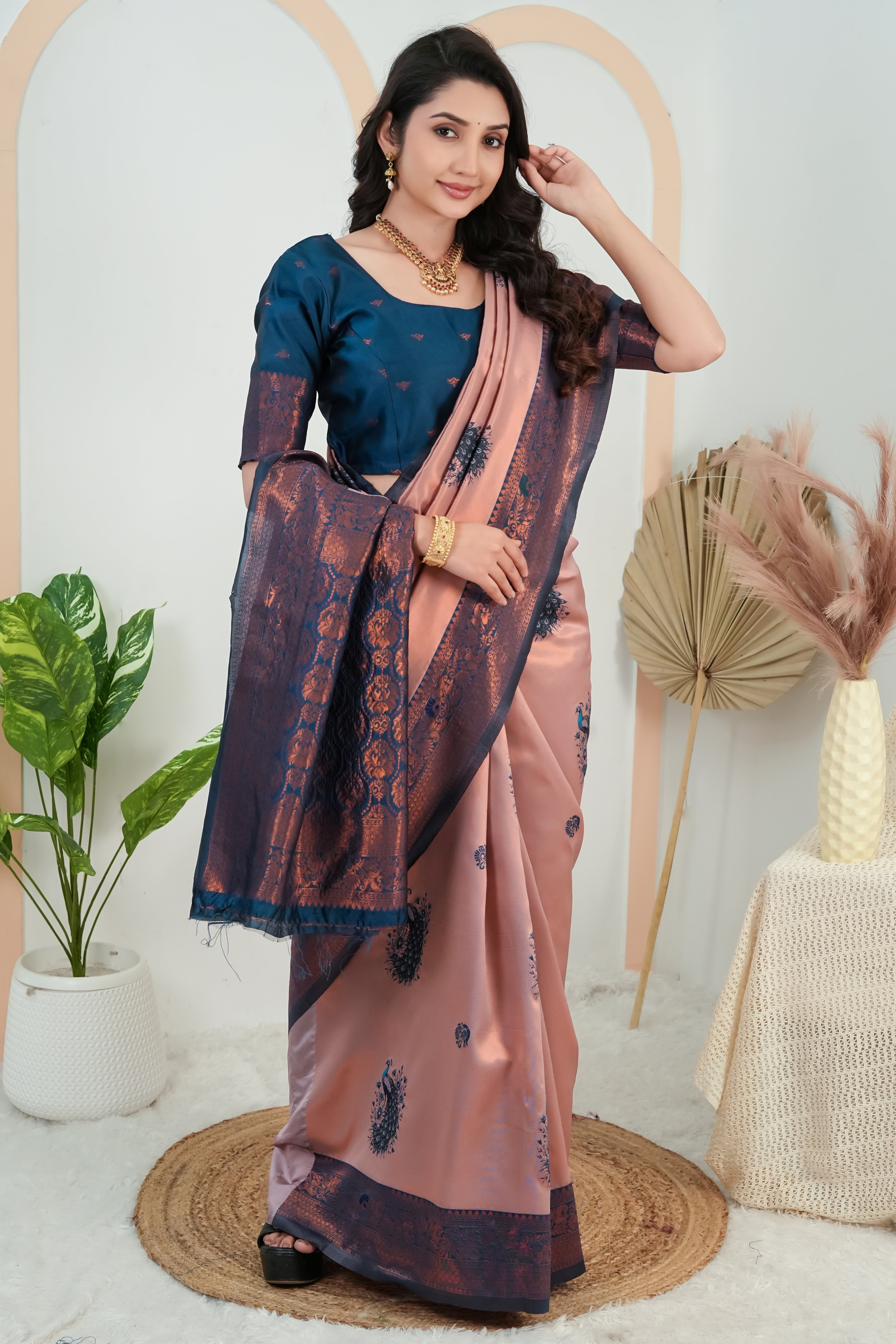 Peach Rose & Teal Blue Peacock Motif Jacquard Silk Saree