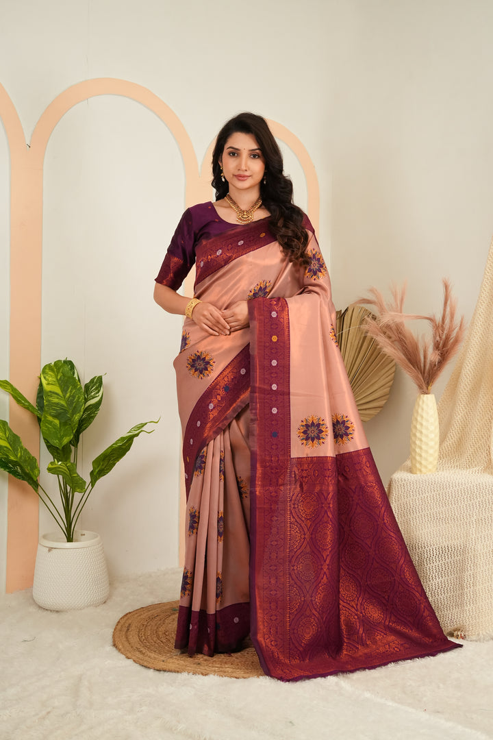 Blush Peach & Wine Purple Floral Motifs Jacquard Silk Saree