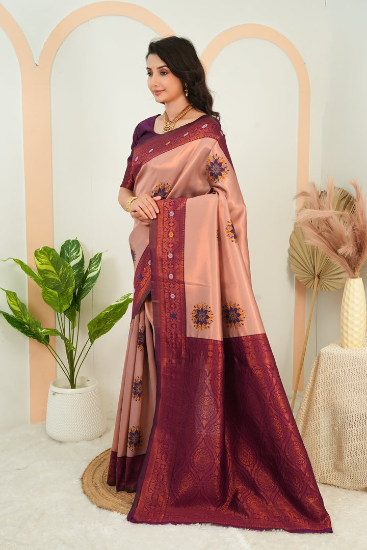 Blush Peach & Wine Purple Floral Motifs Jacquard Silk Saree